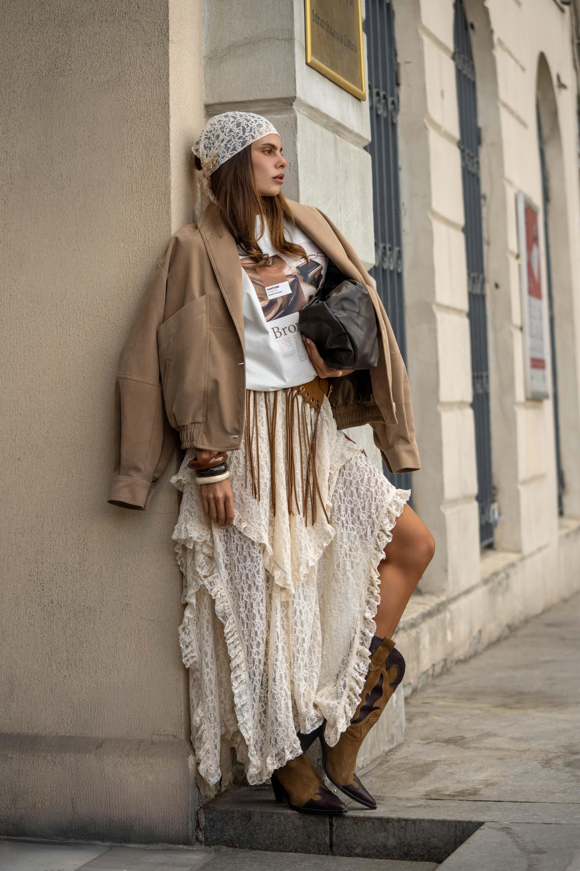 Mireya Asimetrik Dantel Etek - BEJ