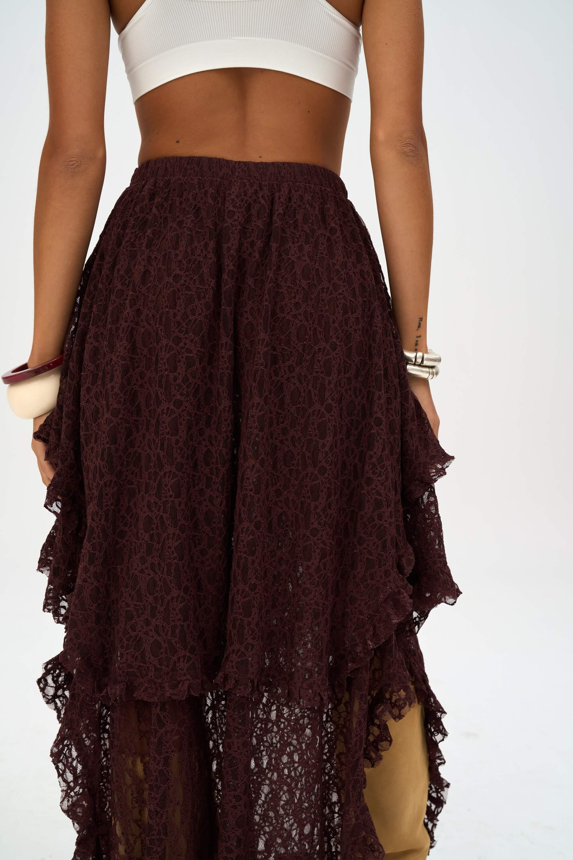 Mireya Asimetrik Bordo Dantel Etek