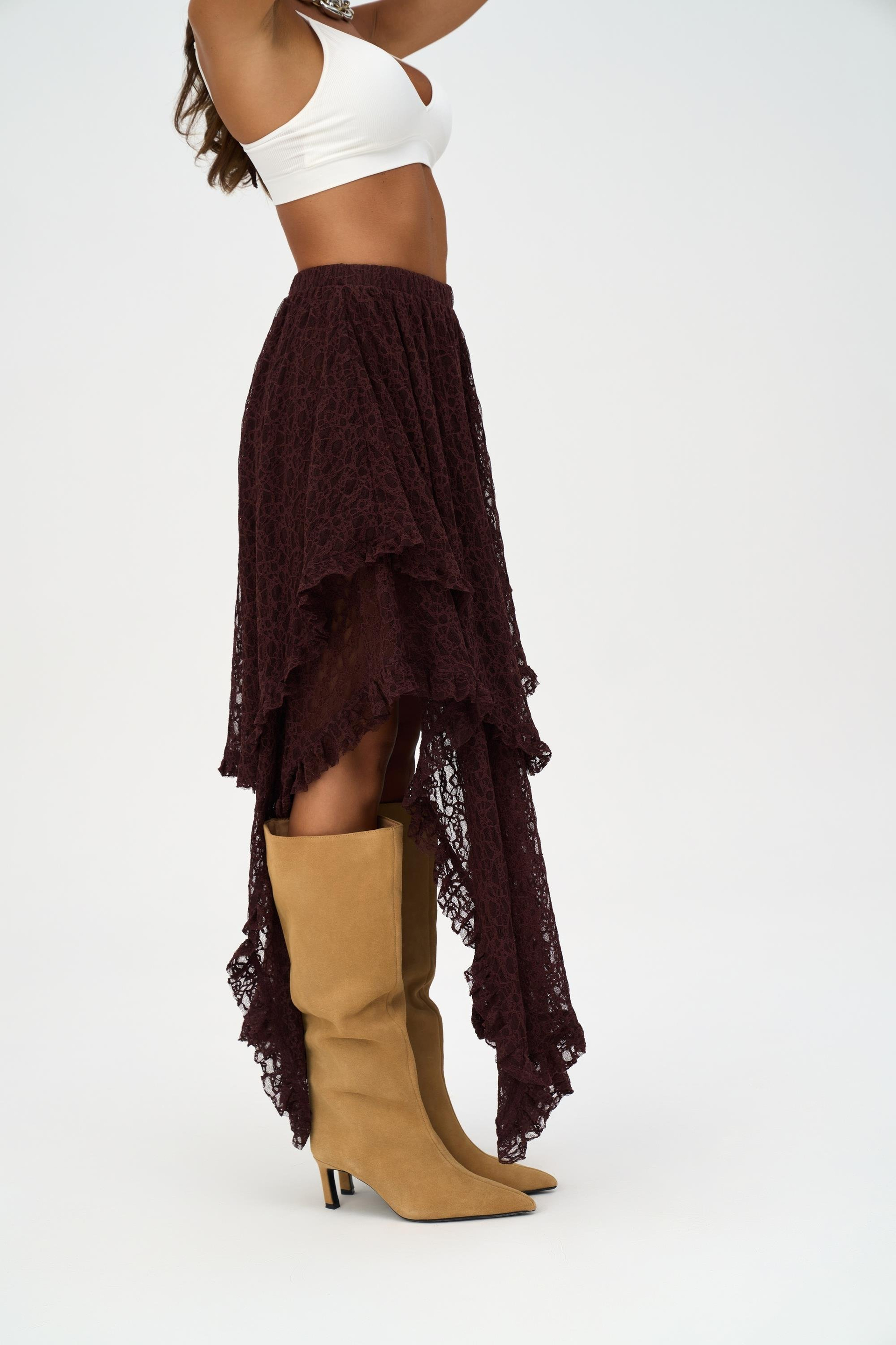 Mireya Asimetrik Bordo Dantel Etek