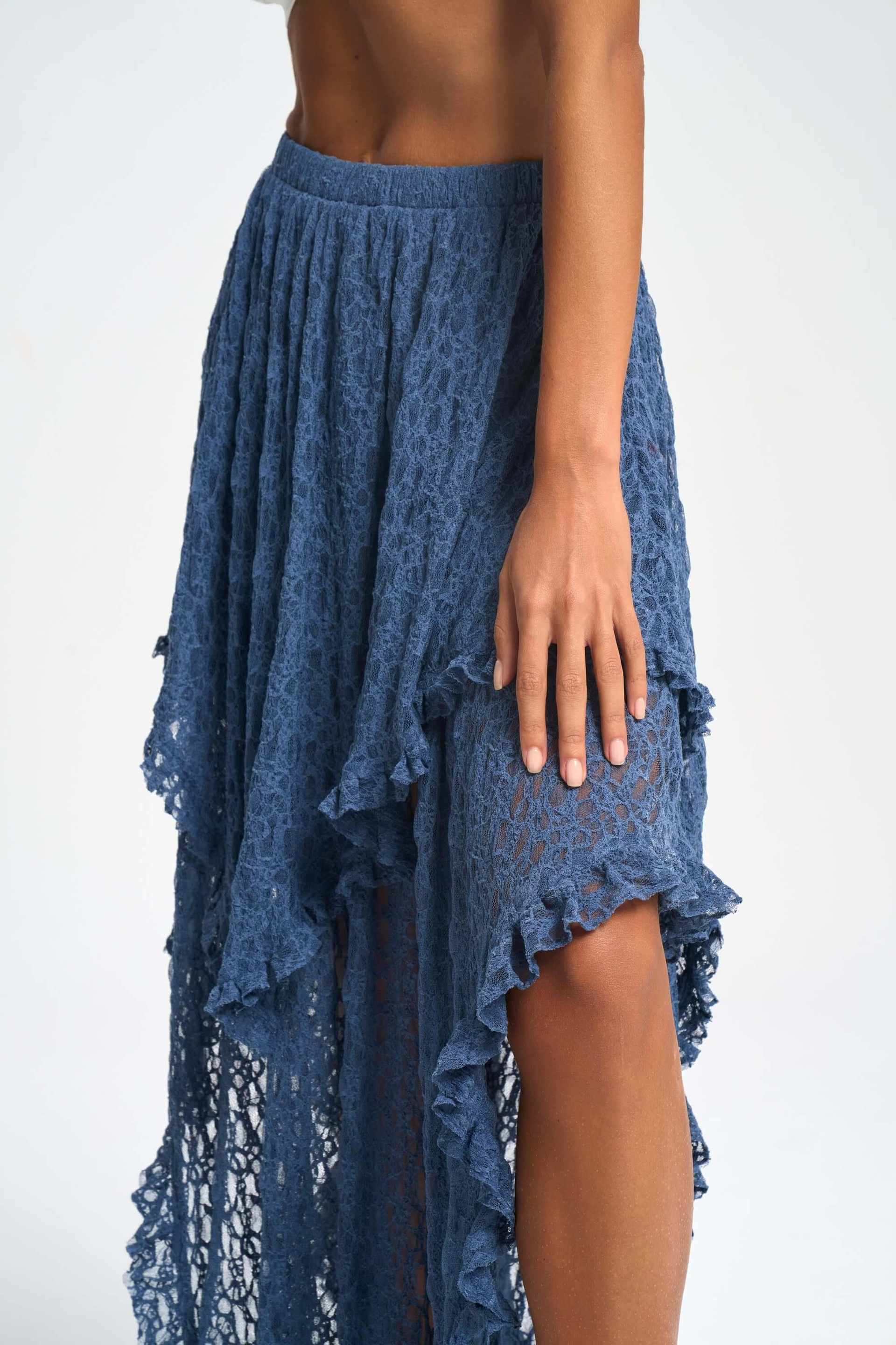 Mireya Asimetrik İndigo Dantel Etek
