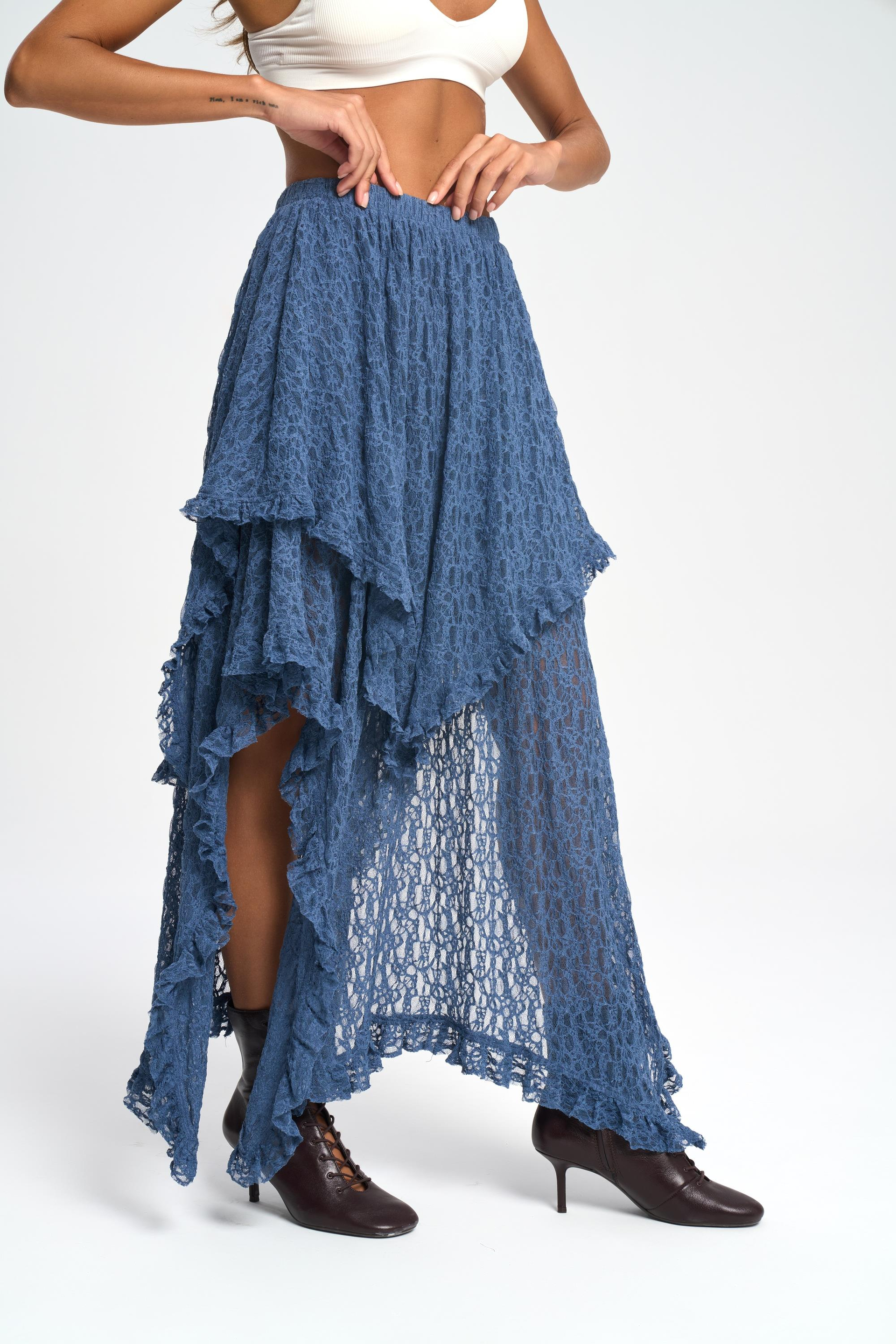 Mireya Asimetrik İndigo Dantel Etek