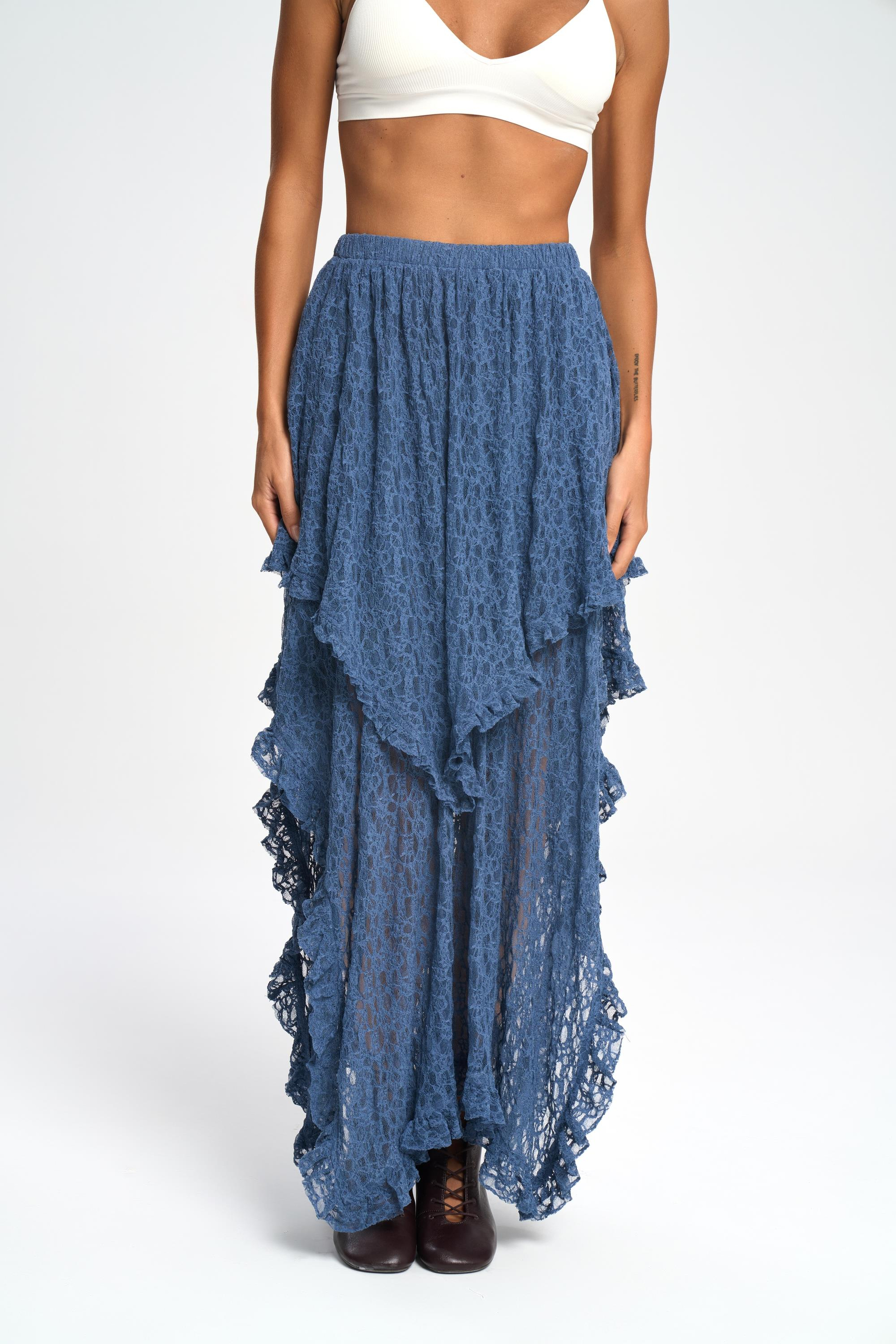 Mireya Asimetrik İndigo Dantel Etek
