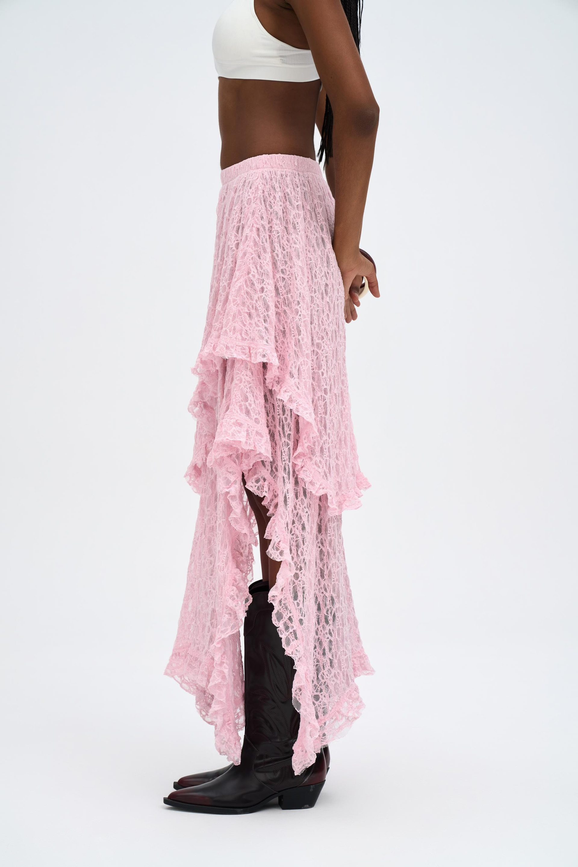 Mireya Asimetrik Pembe Dantel Etek