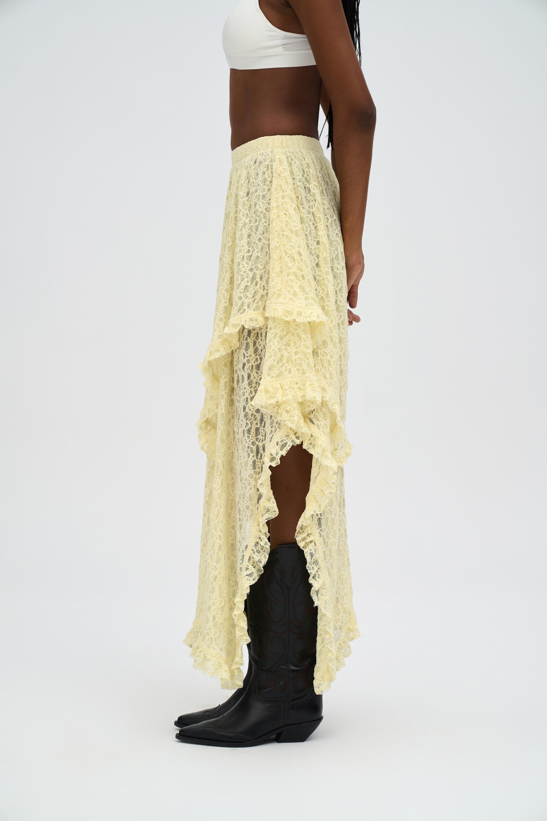 Mireya Asimetrik Sarı Dantel Etek