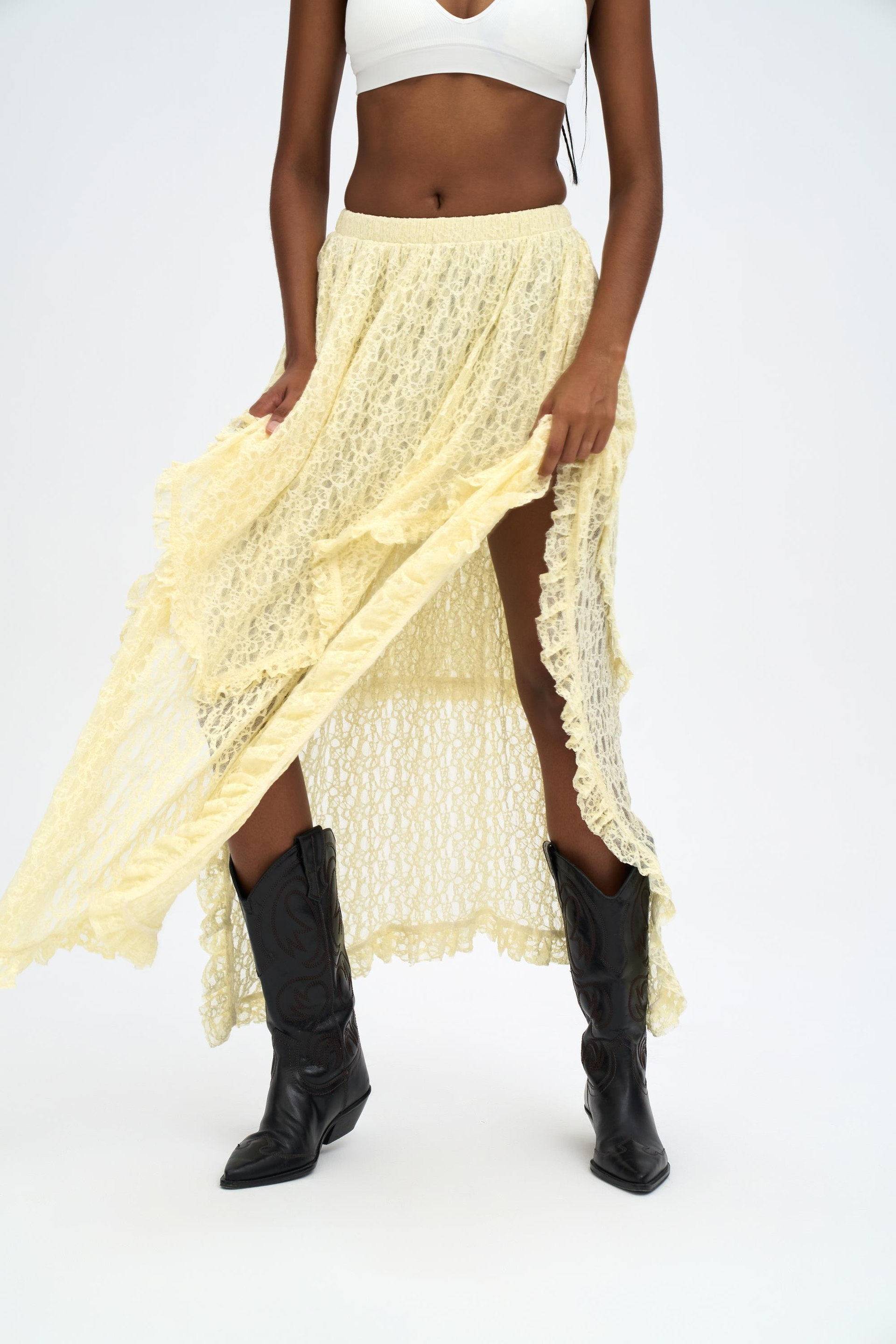 Mireya Asimetrik Sarı Dantel Etek