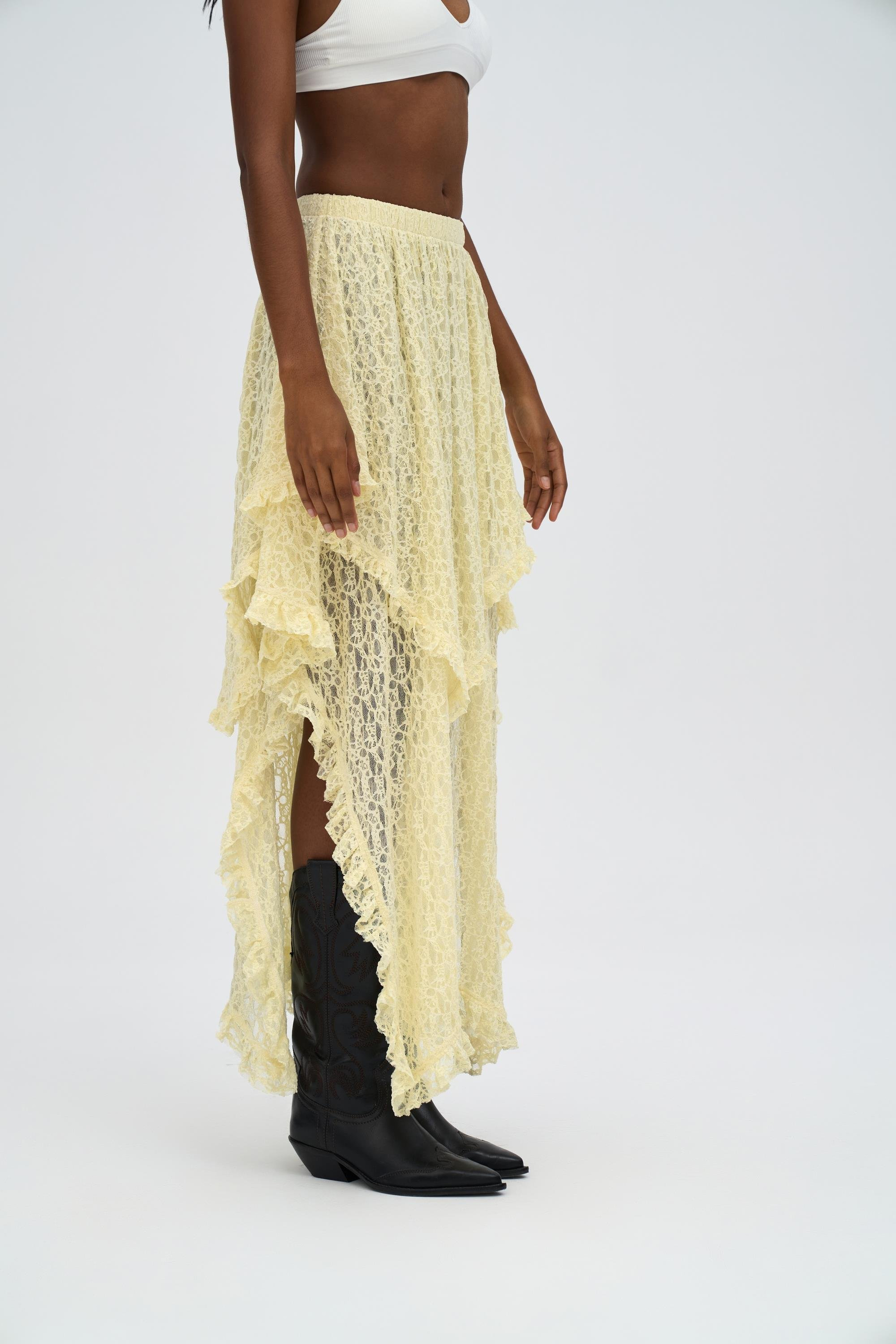 Mireya Asimetrik Sarı Dantel Etek