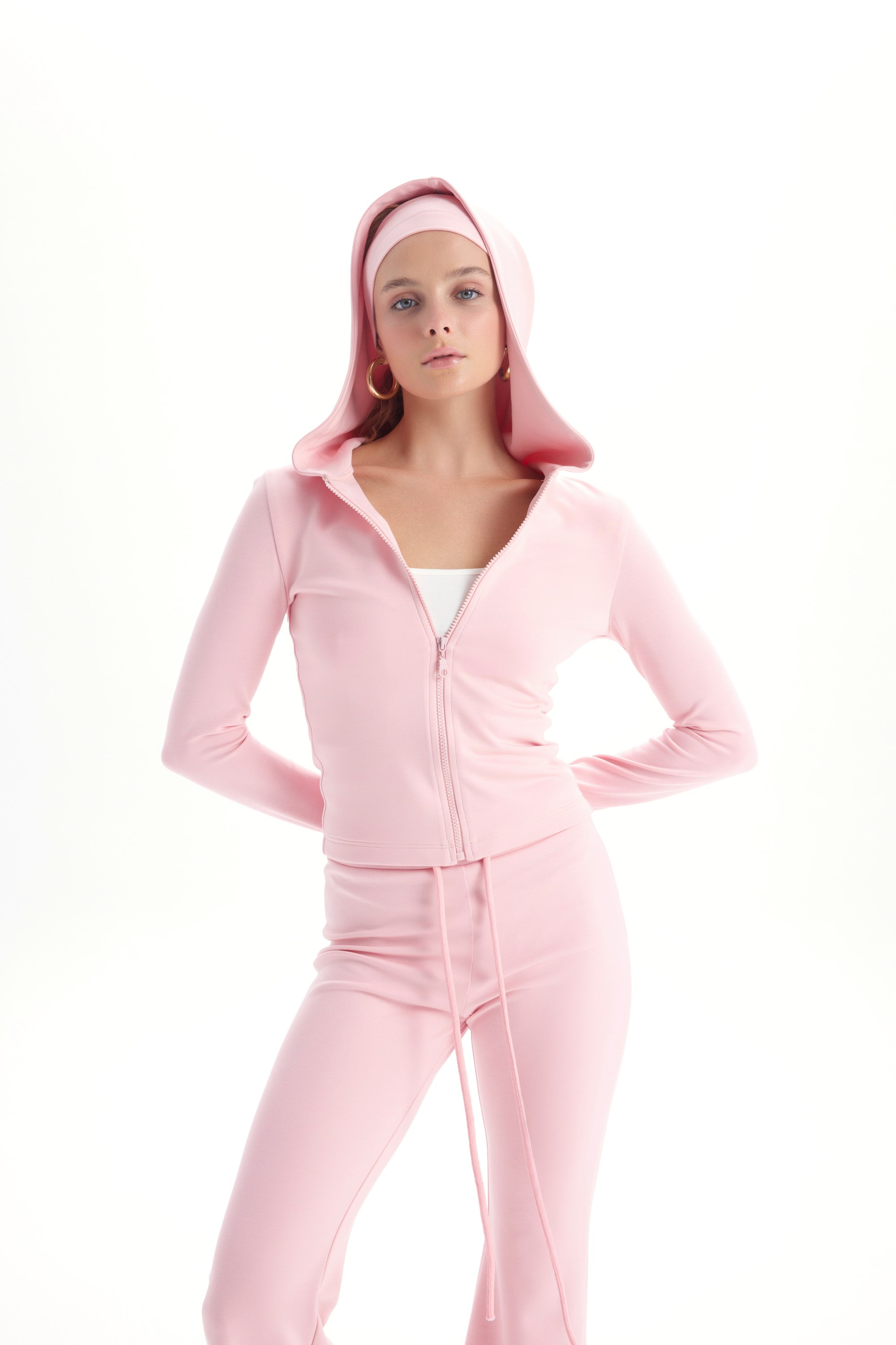 Miyon Bandana Detay Pembe Kapüşonlu Takım