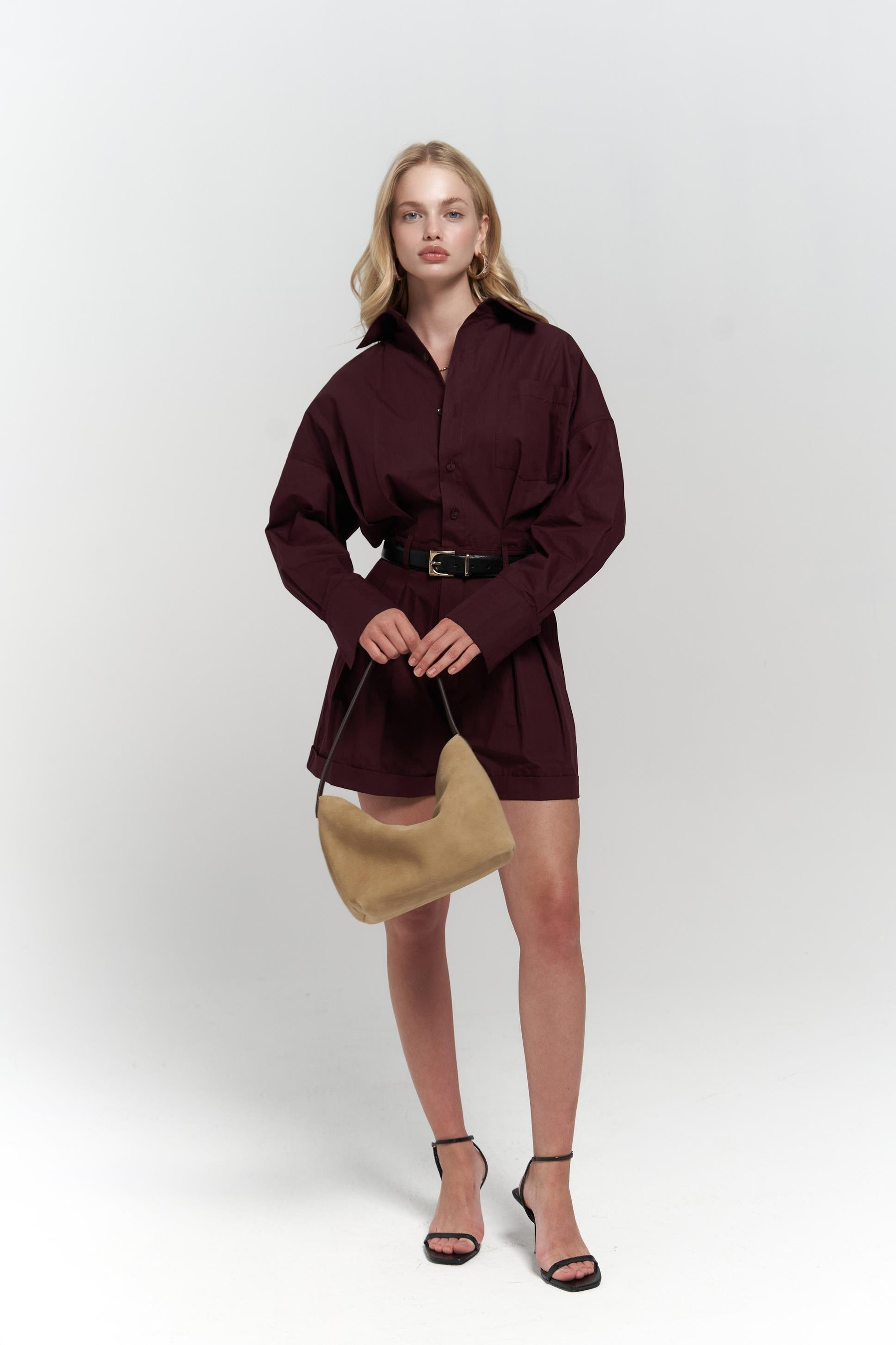 Moaen Kemer Detay Kısa Bordo Tulum