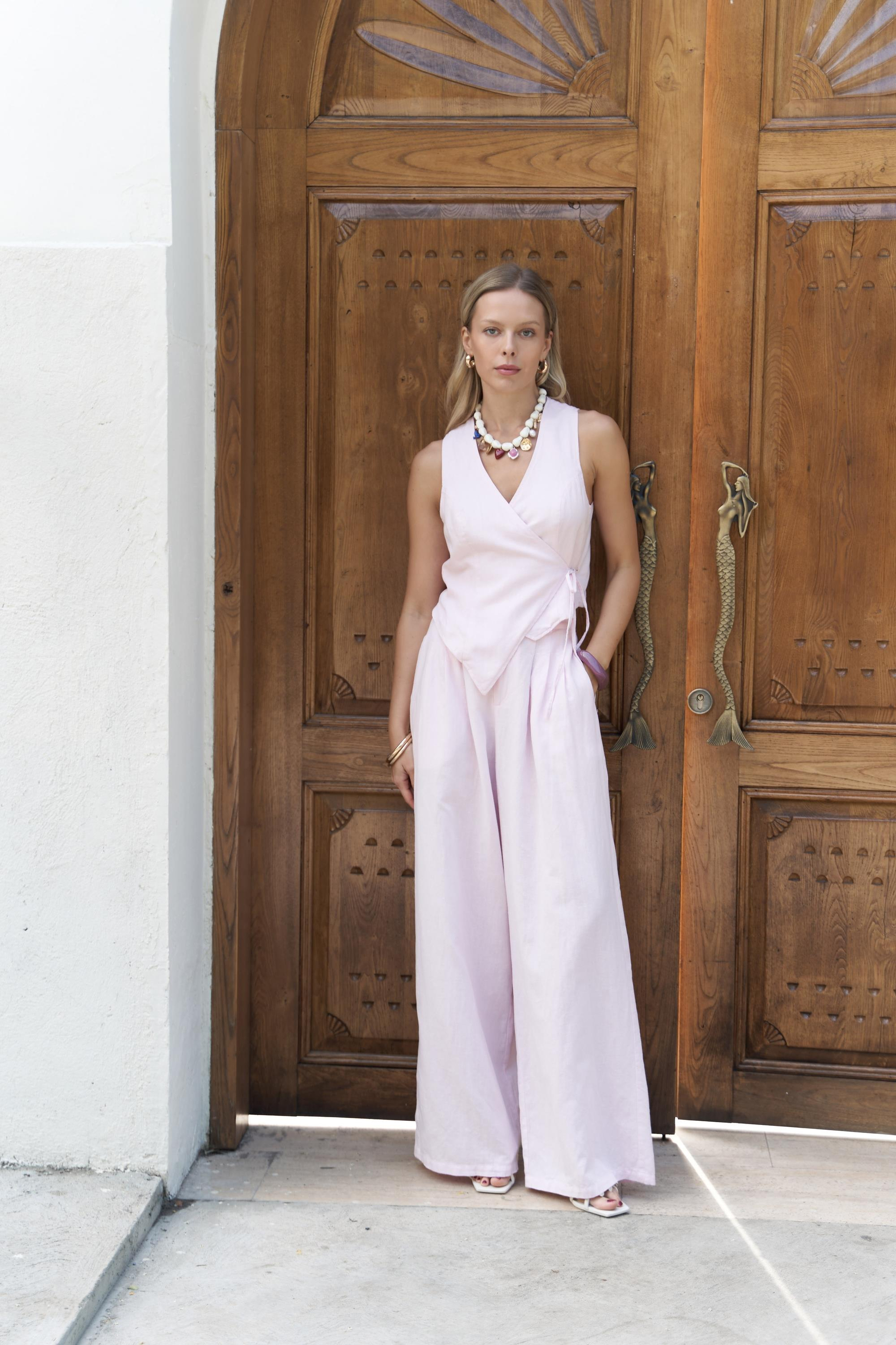 Moibel Bağcık Detay Pembe Crop Pantolon Takım