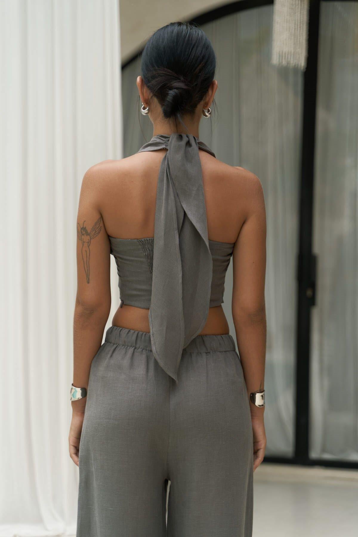 Moira Antrasit Keten Crop Pantolon Takım