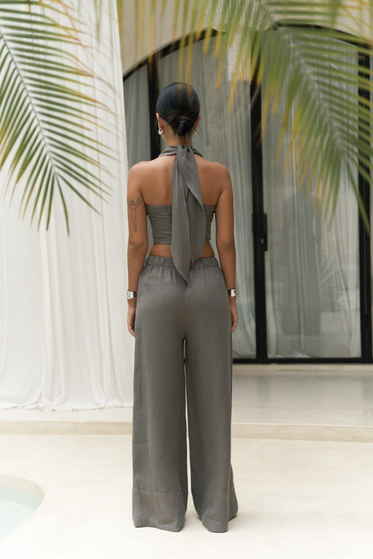 Moira Antrasit Keten Crop Pantolon Takım