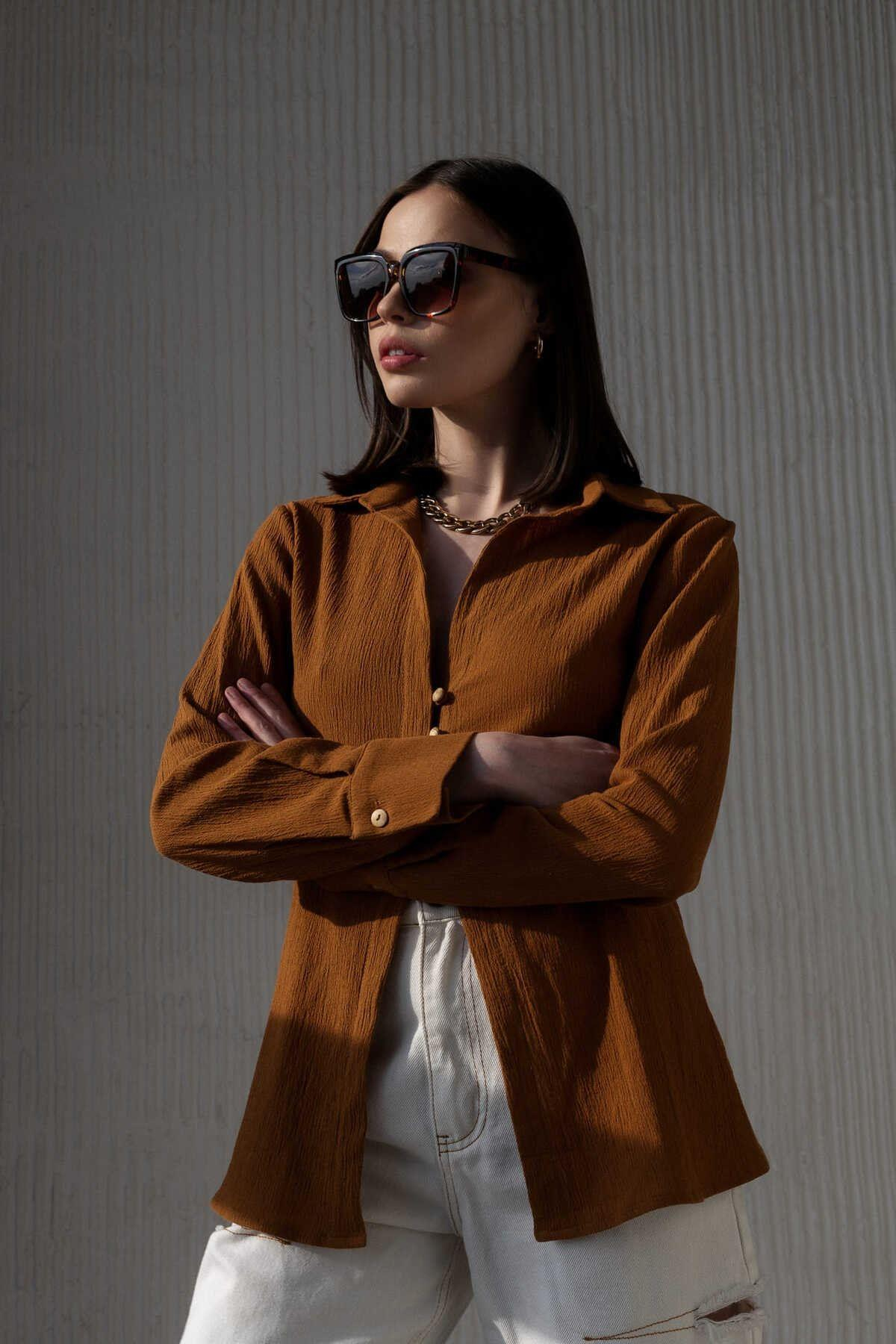 Morrow Ahşap Düğme Detay Kiremit Gömlek