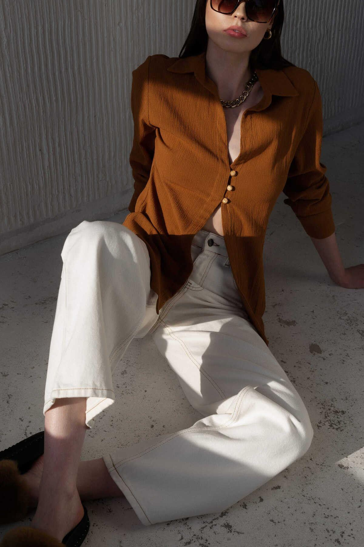 Morrow Ahşap Düğme Detay Kiremit Gömlek