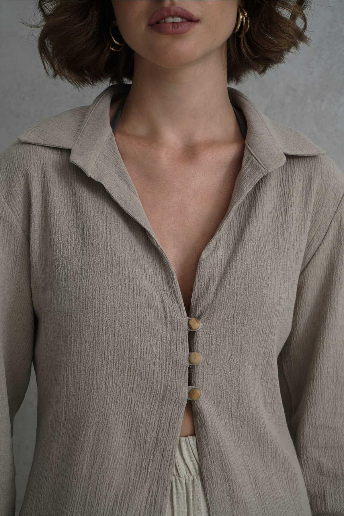 Morrow Ahşap Düğme Detay Taş Gömlek