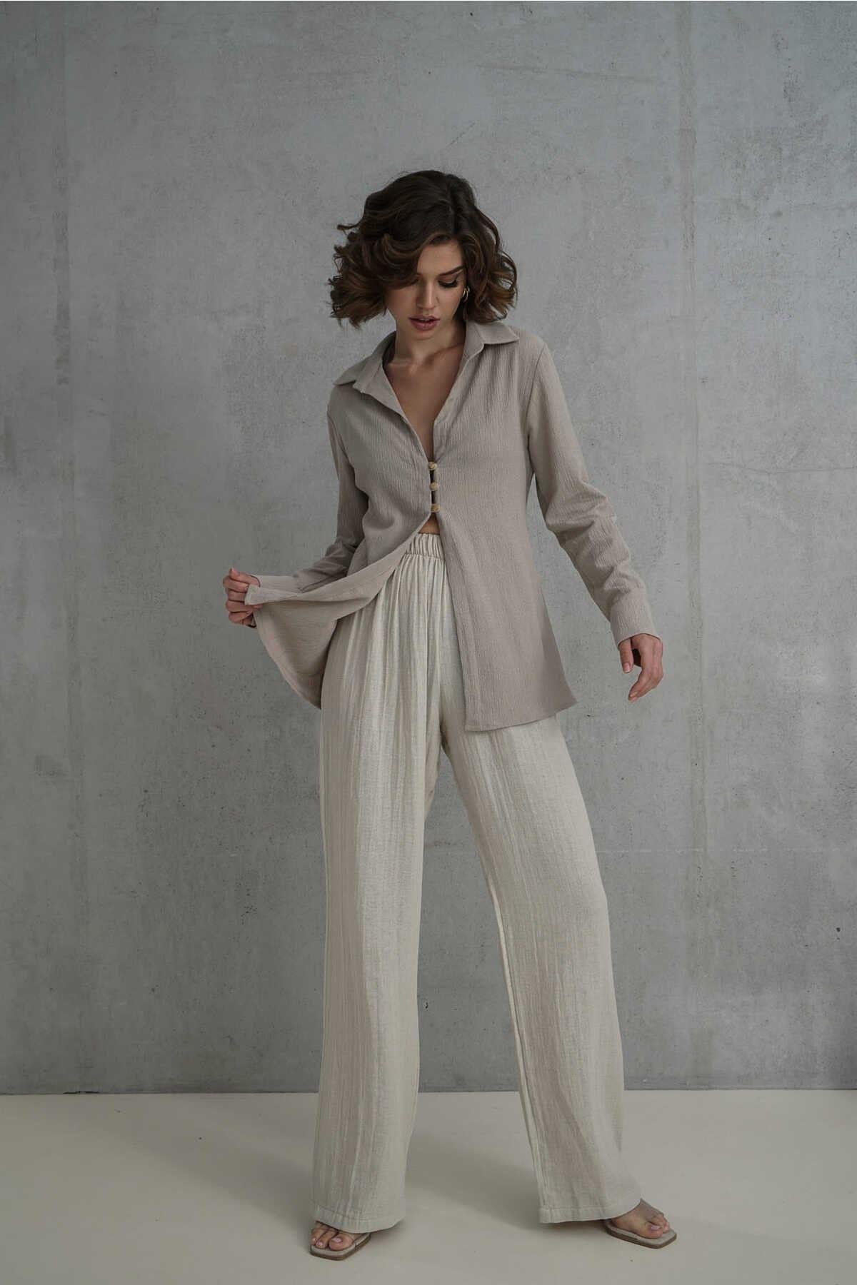 Morrow Ahşap Düğme Detay Taş Gömlek