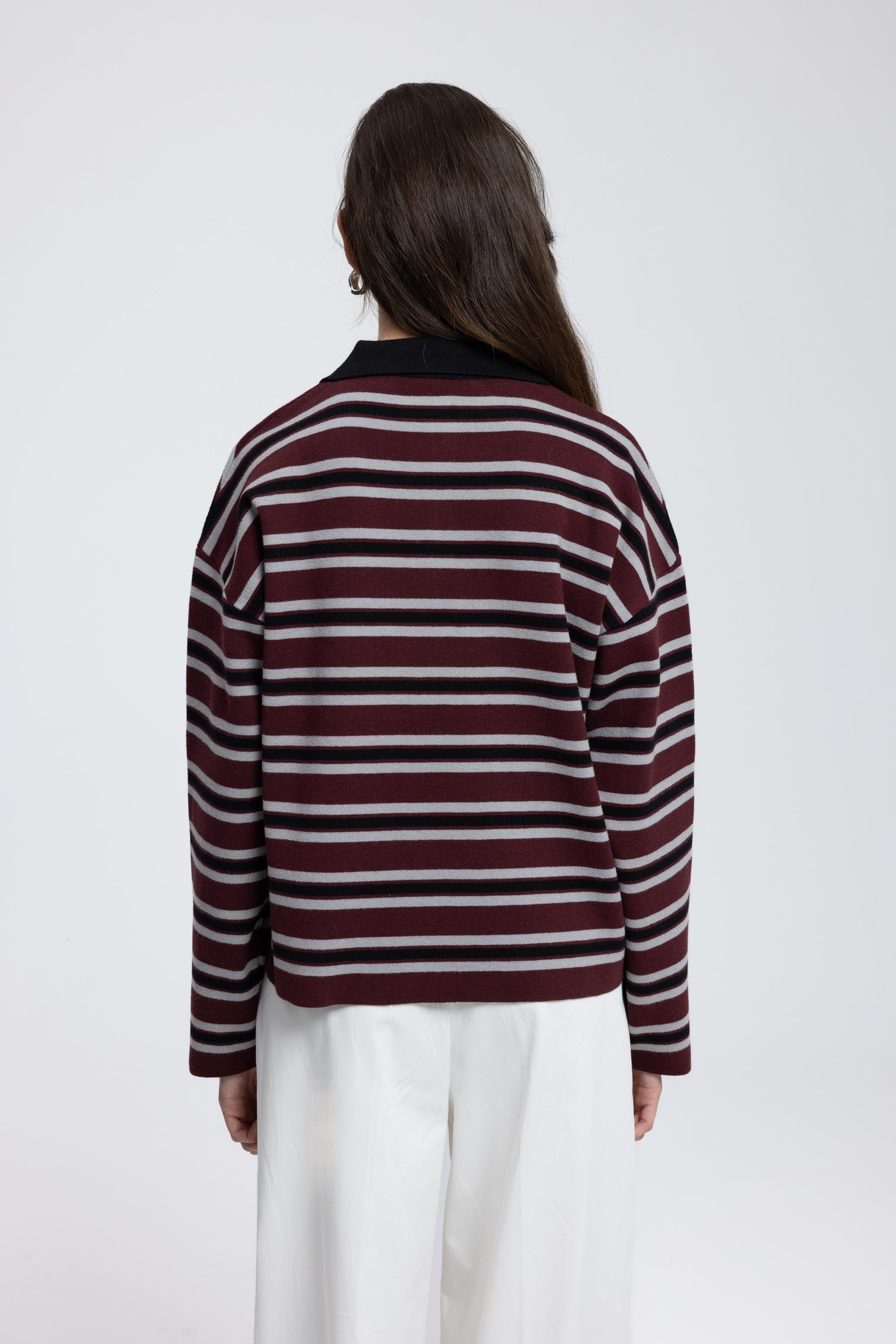 Moss Çizgili Bordo Polo Yaka Triko Kazak