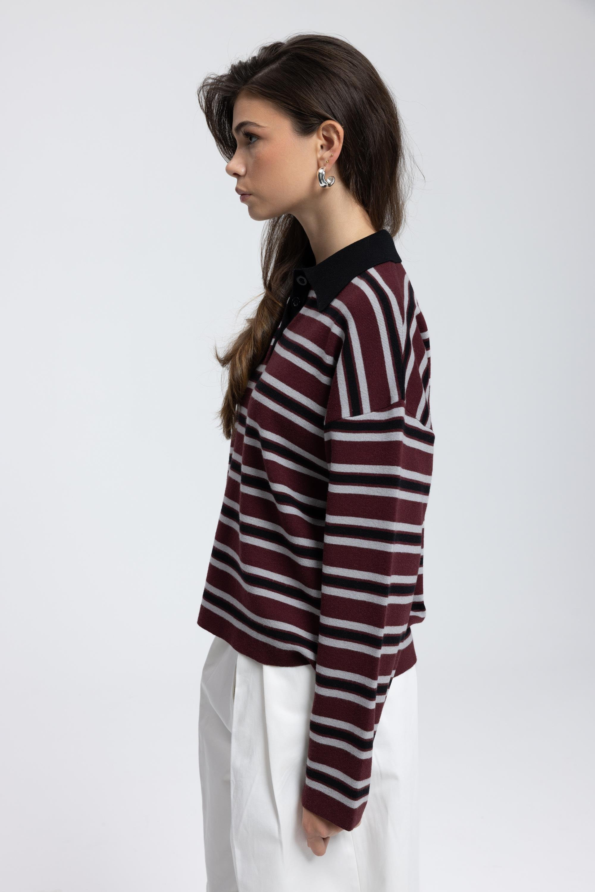 Moss Çizgili Bordo Polo Yaka Triko Kazak