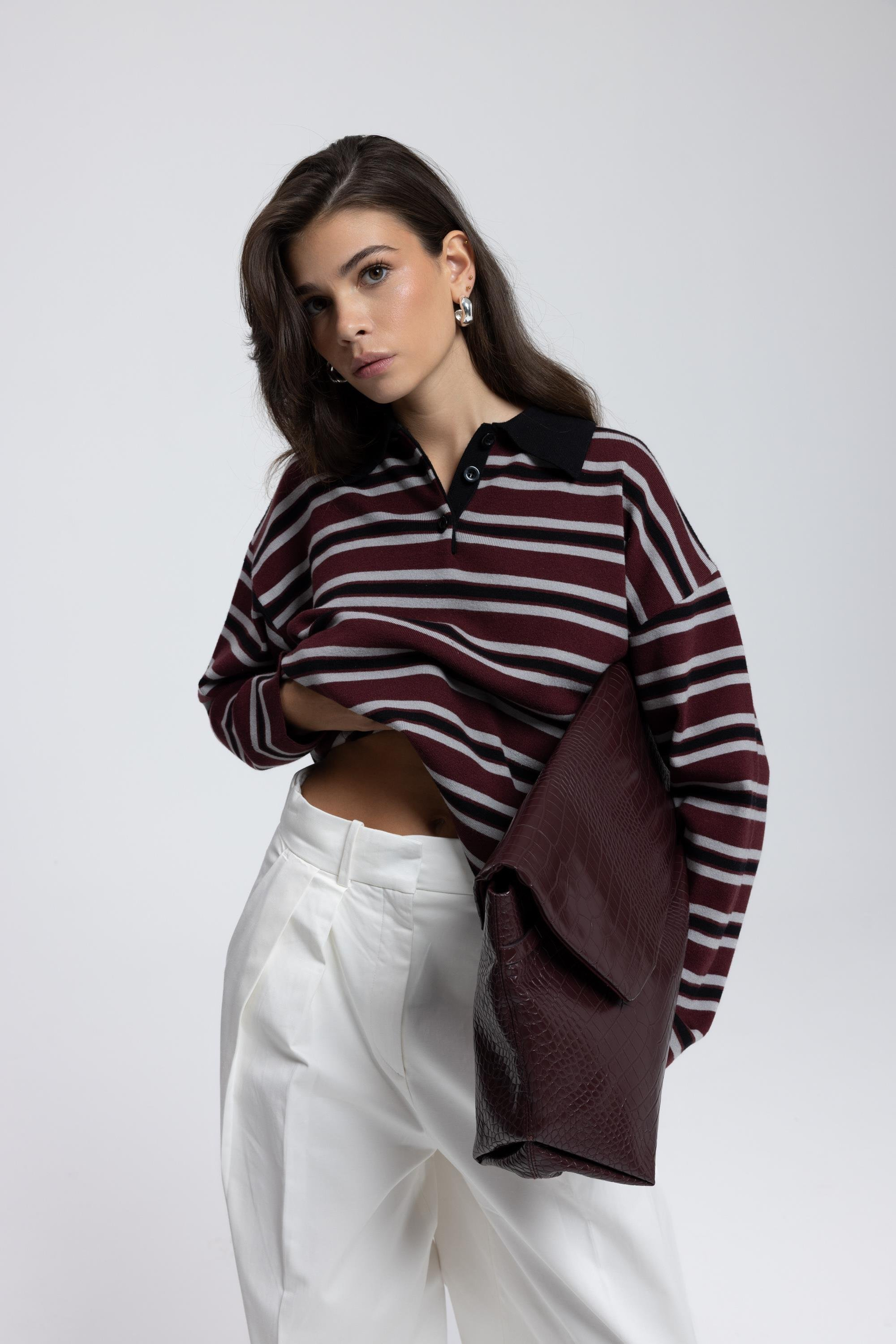 Moss Çizgili Bordo Polo Yaka Triko Kazak