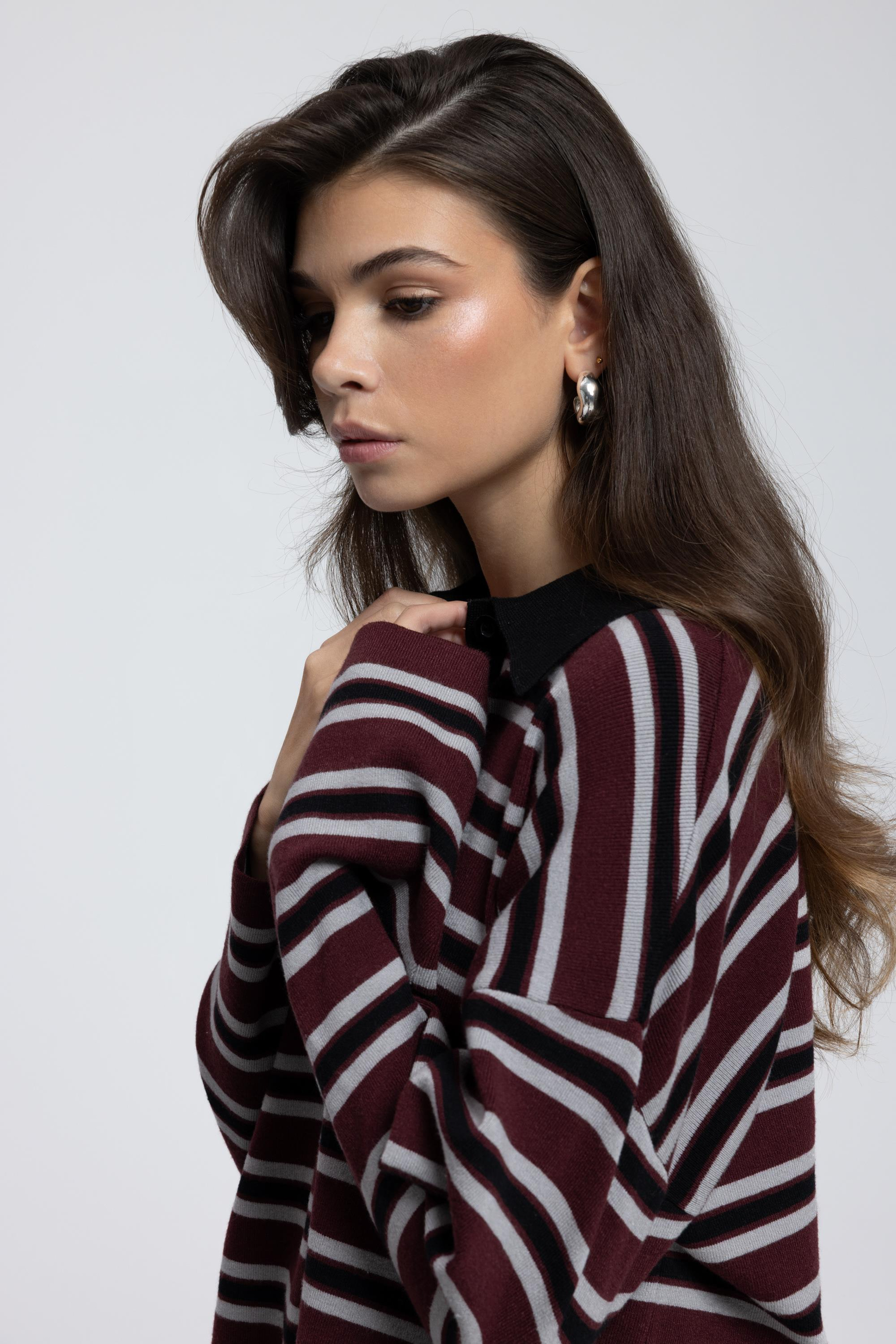 Moss Çizgili Bordo Polo Yaka Triko Kazak