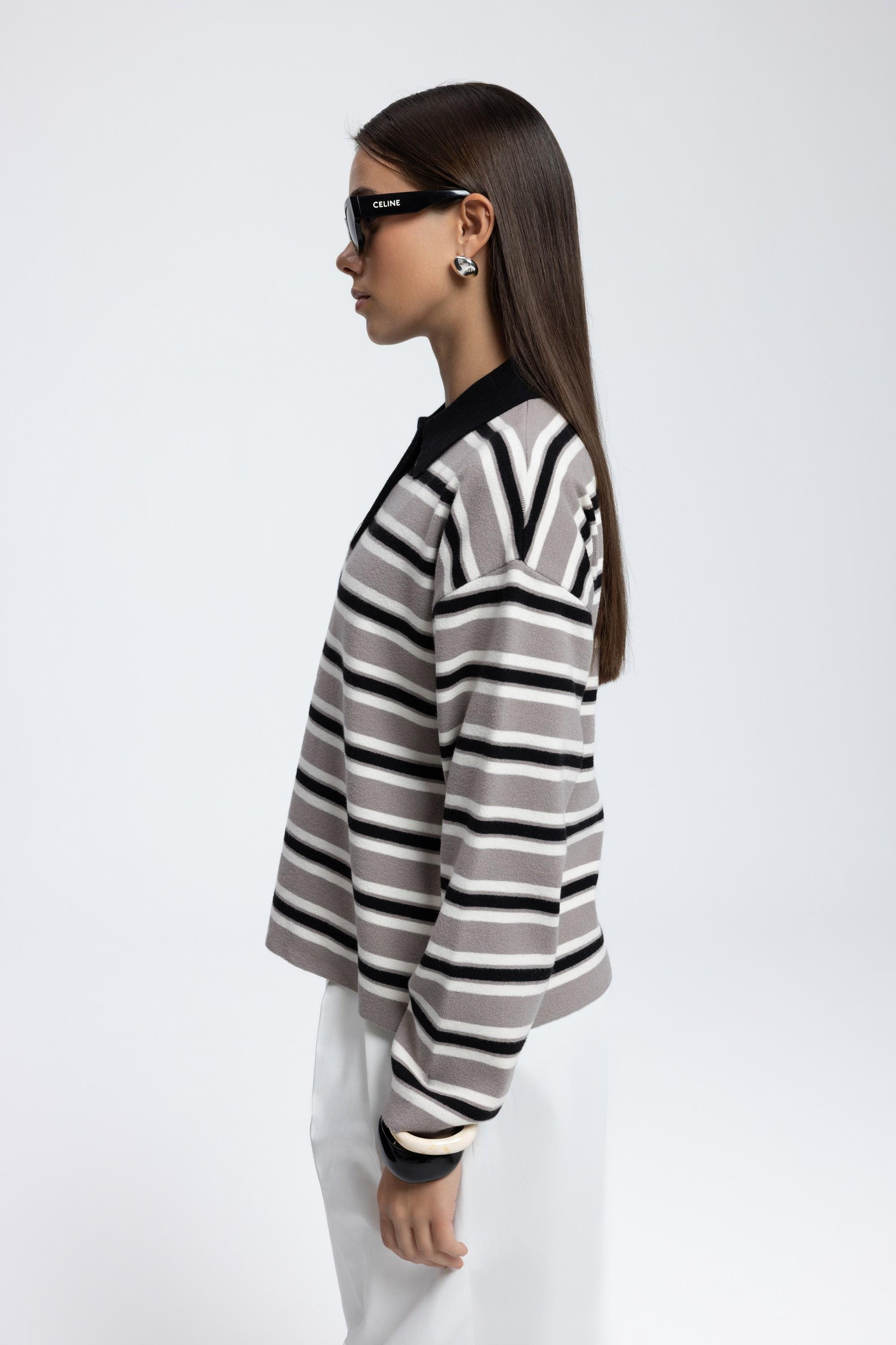 Moss Çizgili Gri Polo Yaka Triko Kazak