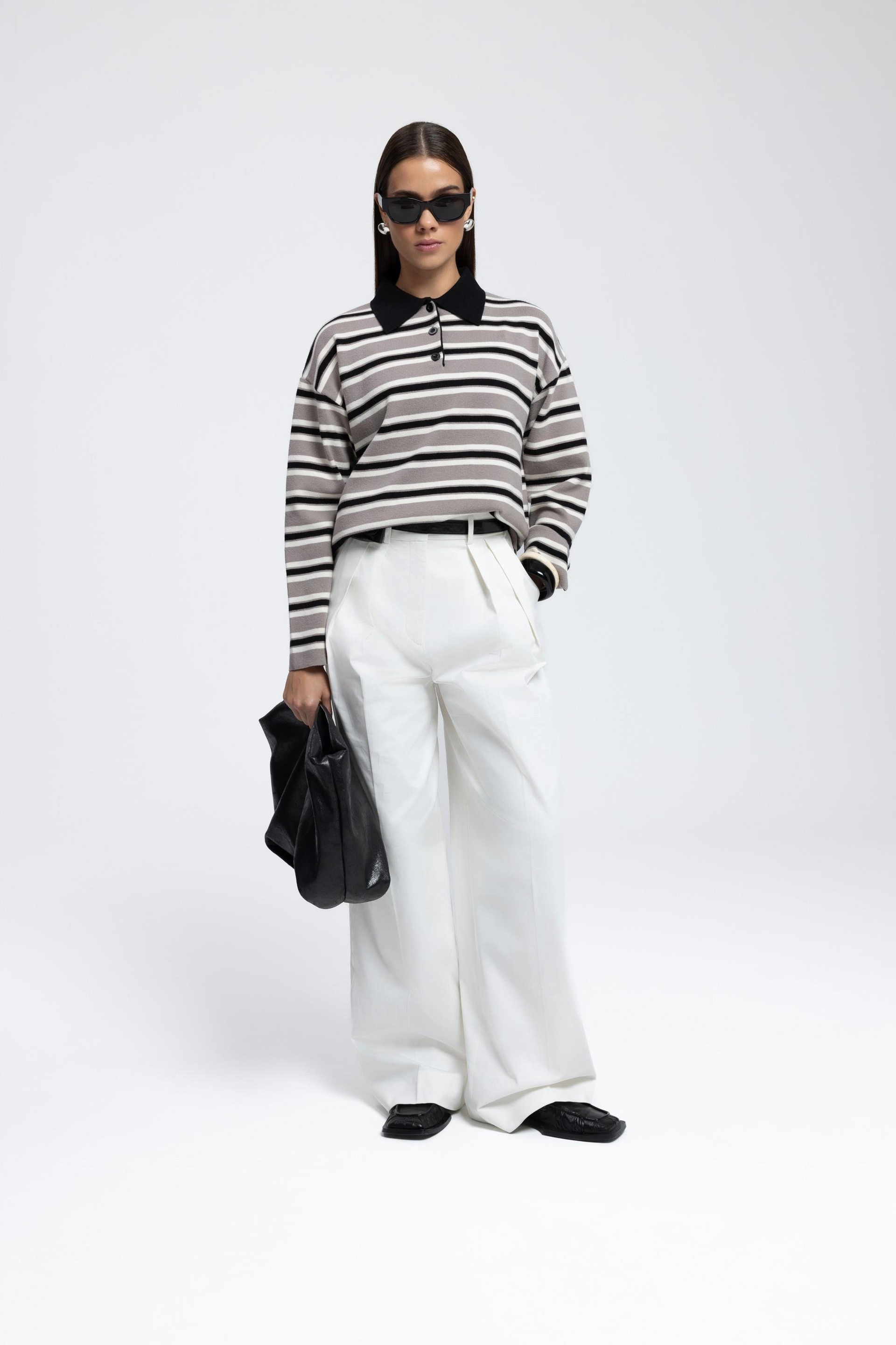 Moss Çizgili Gri Polo Yaka Triko Kazak