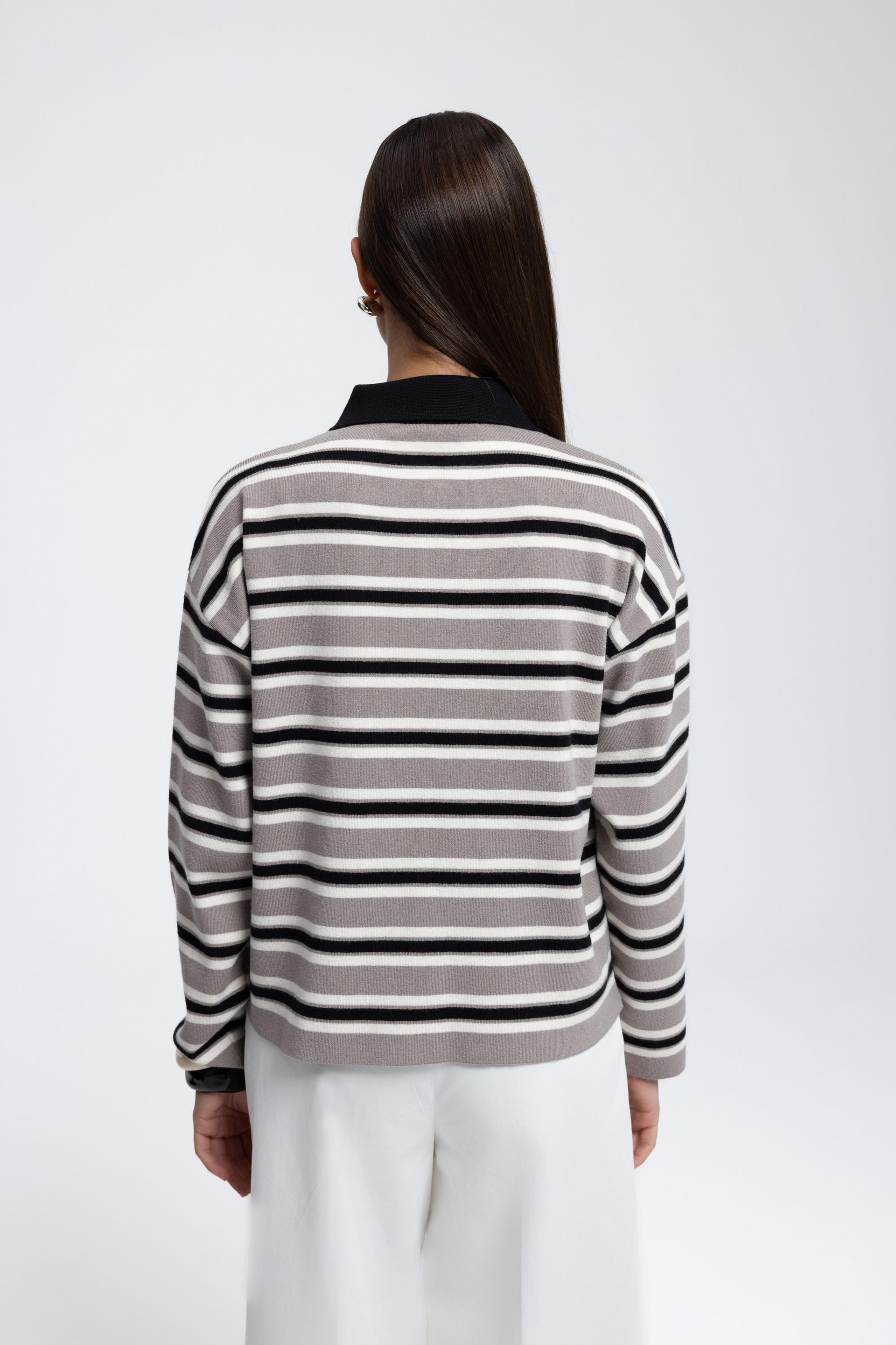 Moss Çizgili Gri Polo Yaka Triko Kazak