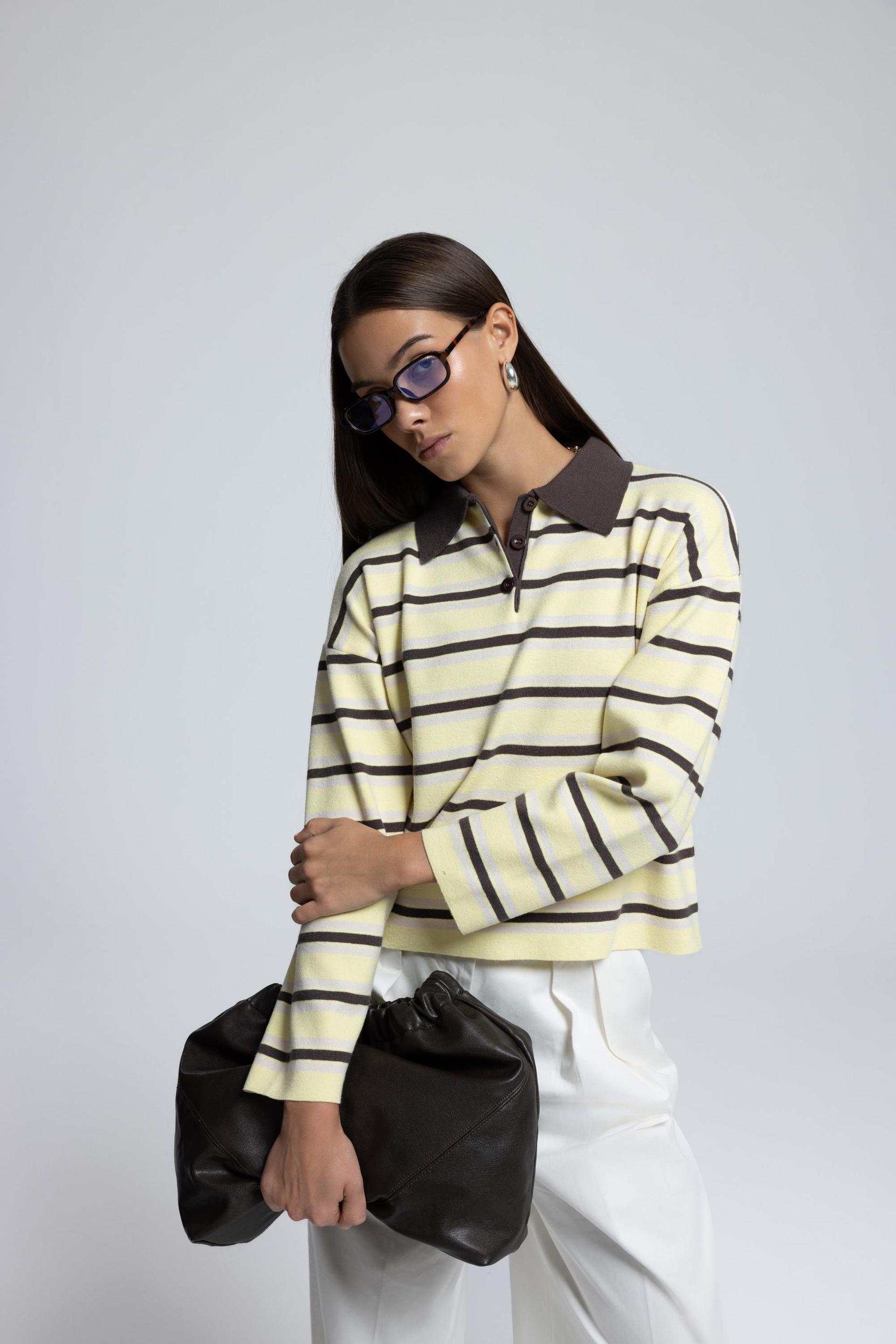 Moss Çizgili Sarı Polo Yaka Triko Kazak