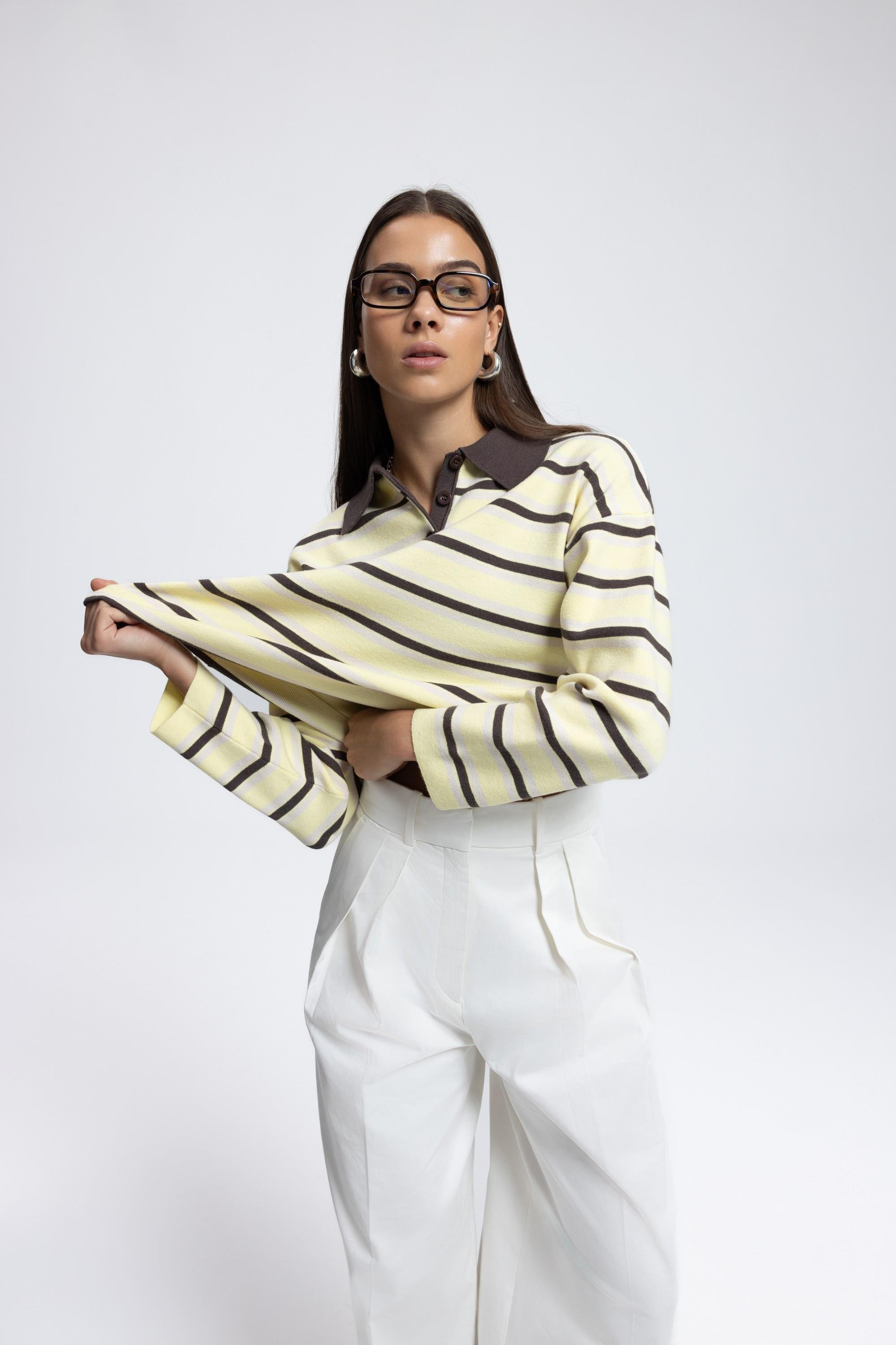 Moss Çizgili Sarı Polo Yaka Triko Kazak