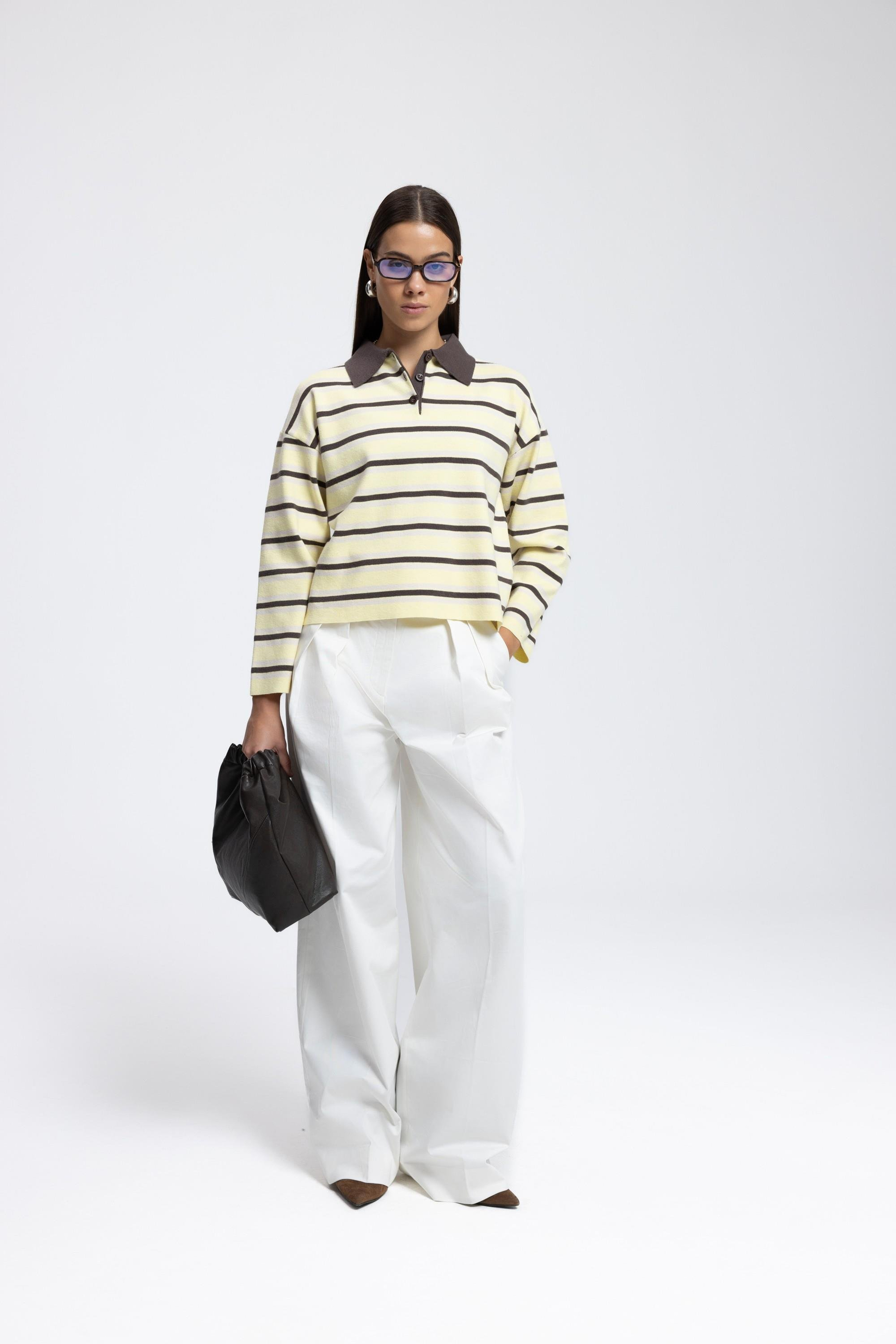 Moss Çizgili Sarı Polo Yaka Triko Kazak