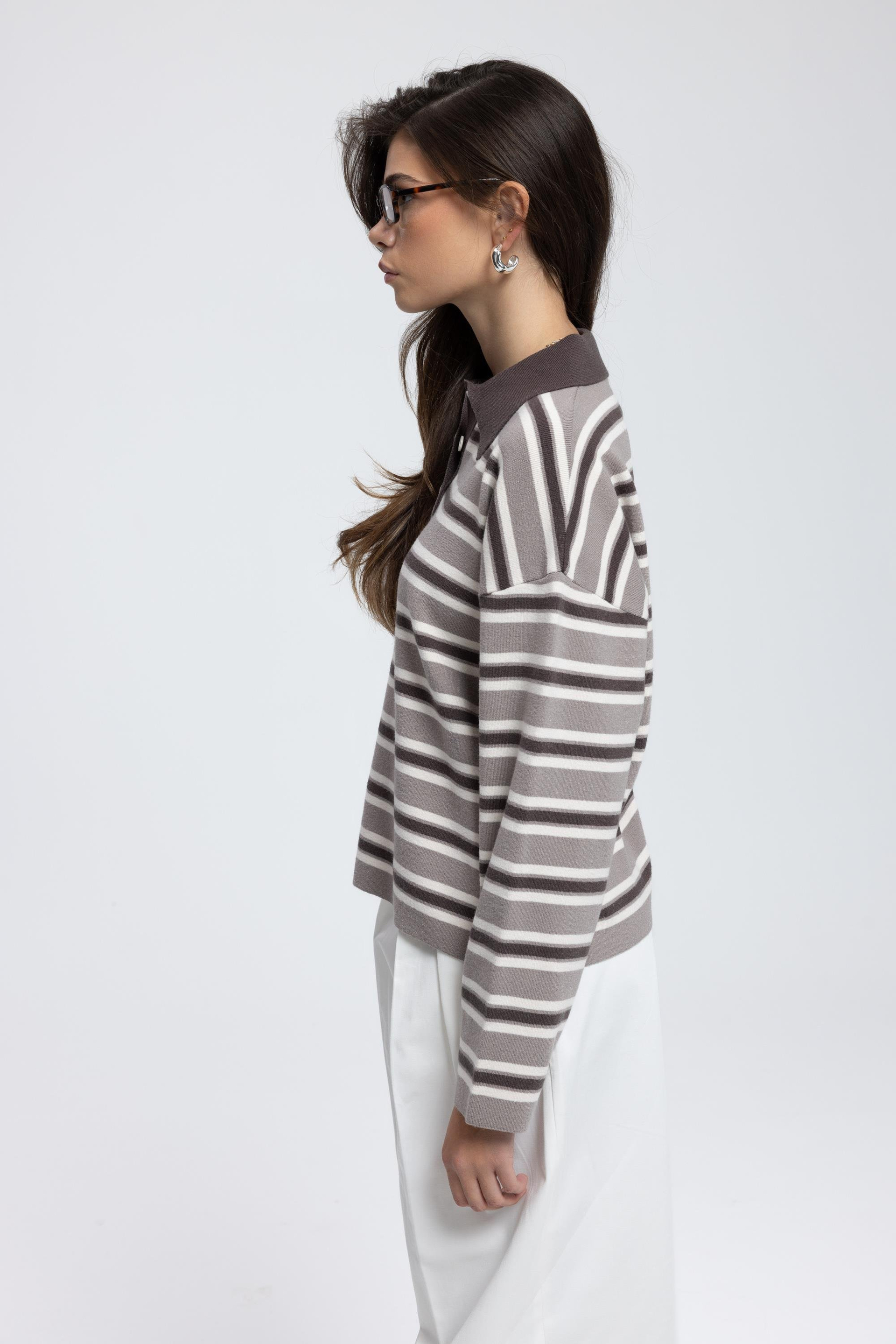 Moss Çizgili Vizon Polo Yaka Triko Kazak