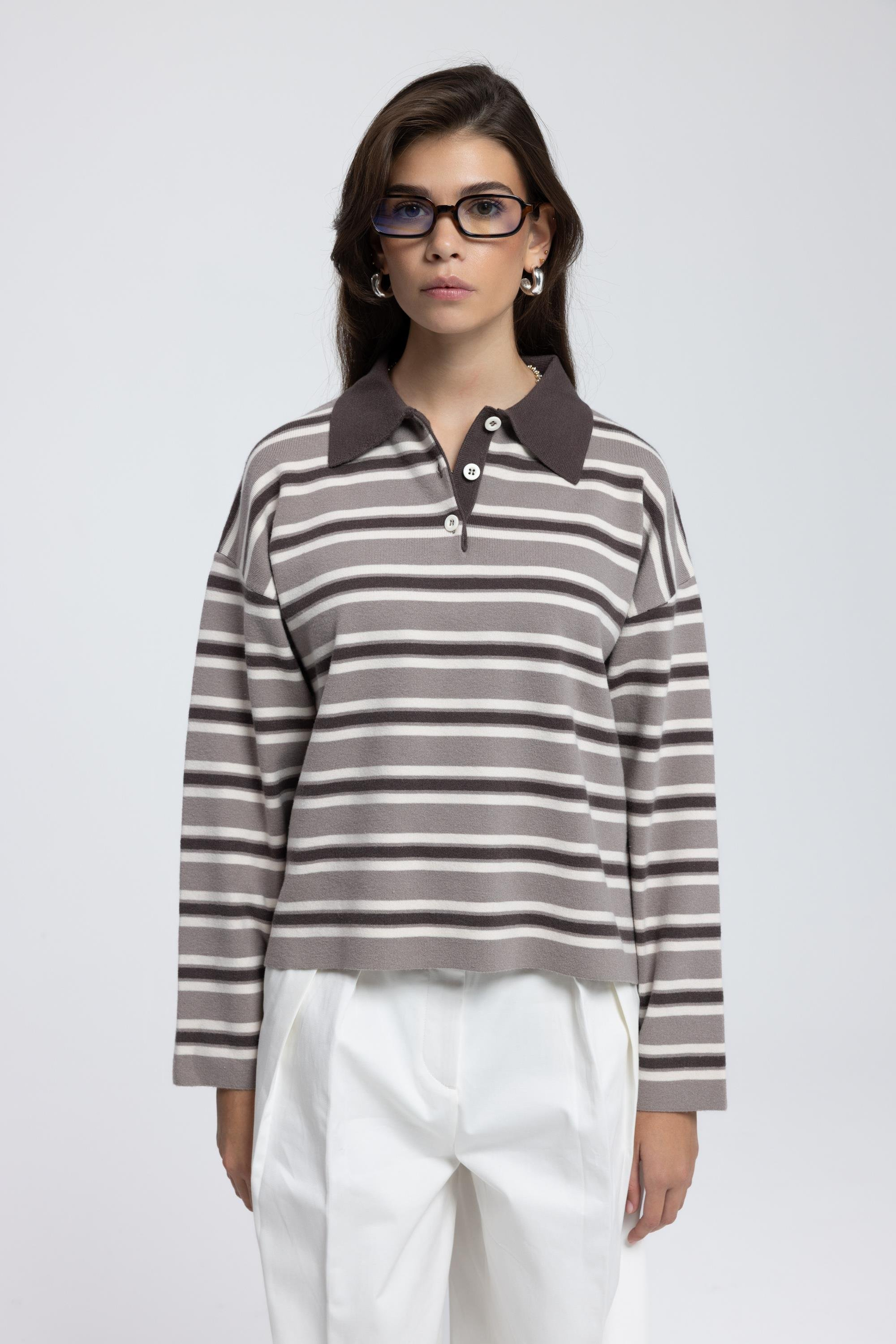 Moss Çizgili Vizon Polo Yaka Triko Kazak