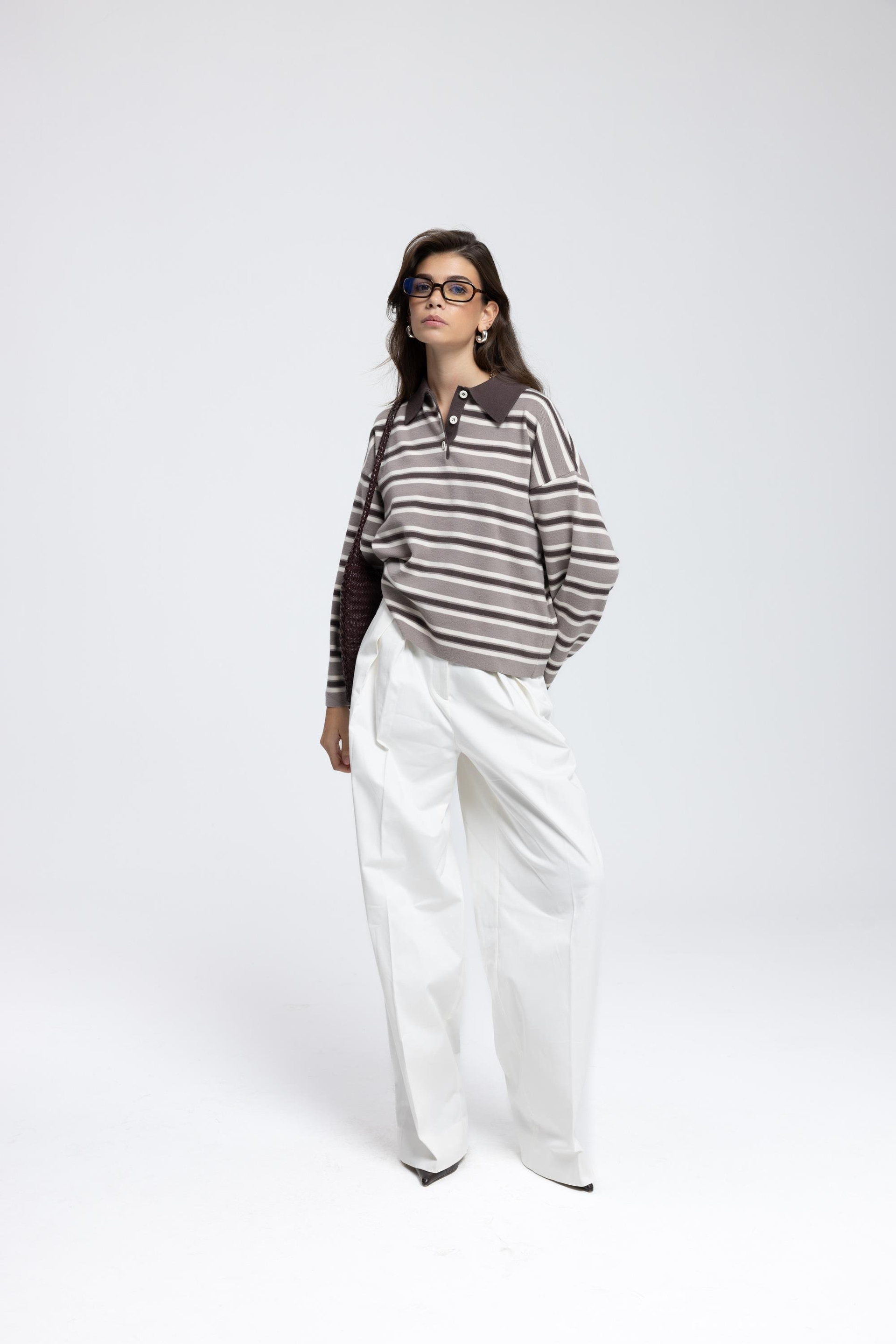 Moss Çizgili Vizon Polo Yaka Triko Kazak