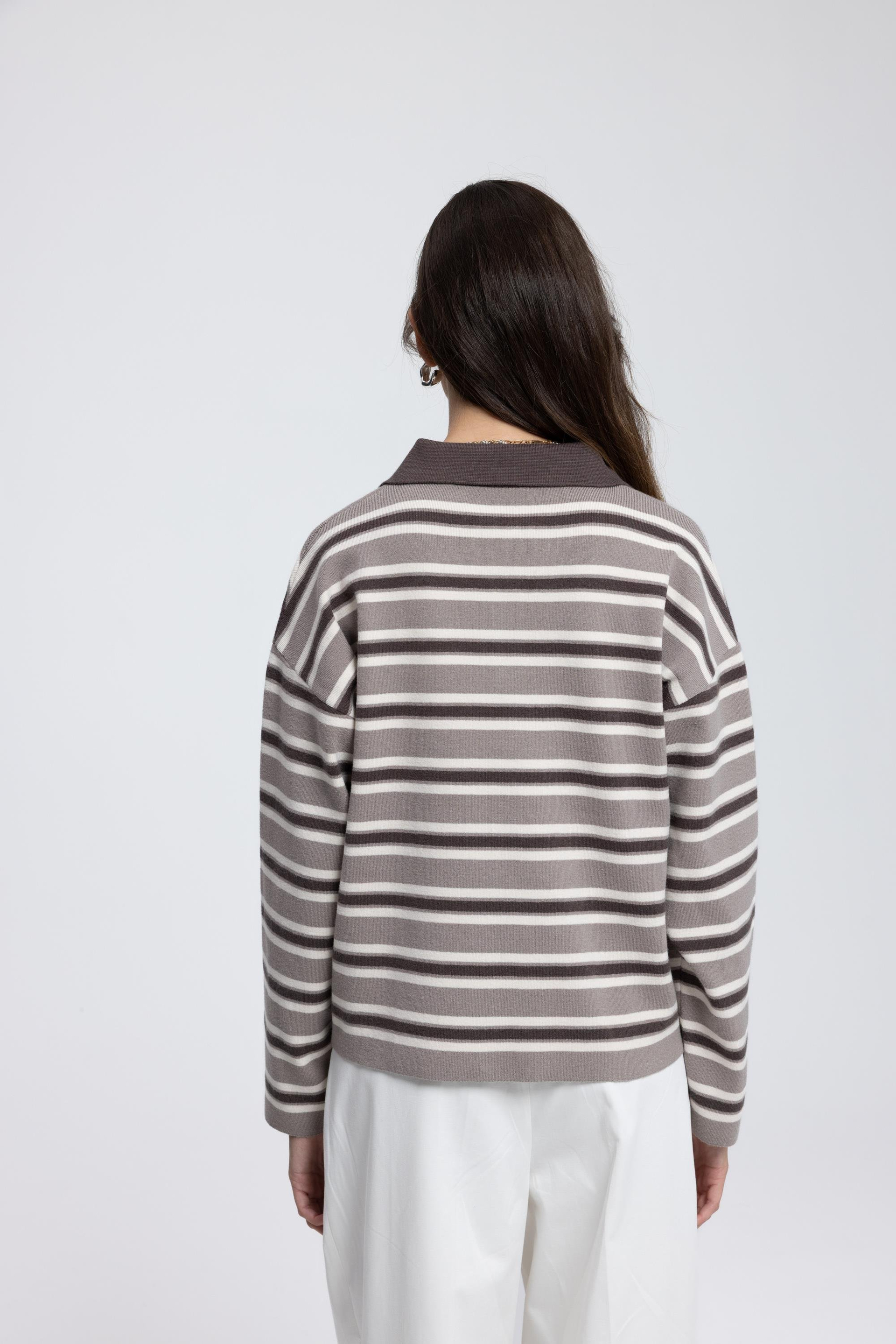 Moss Çizgili Vizon Polo Yaka Triko Kazak