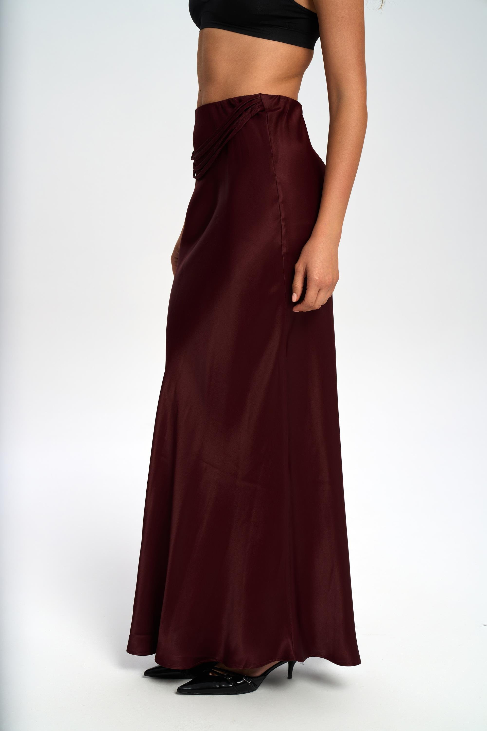 Muirnas Askı Detay Bordo Uzun Saten Etek