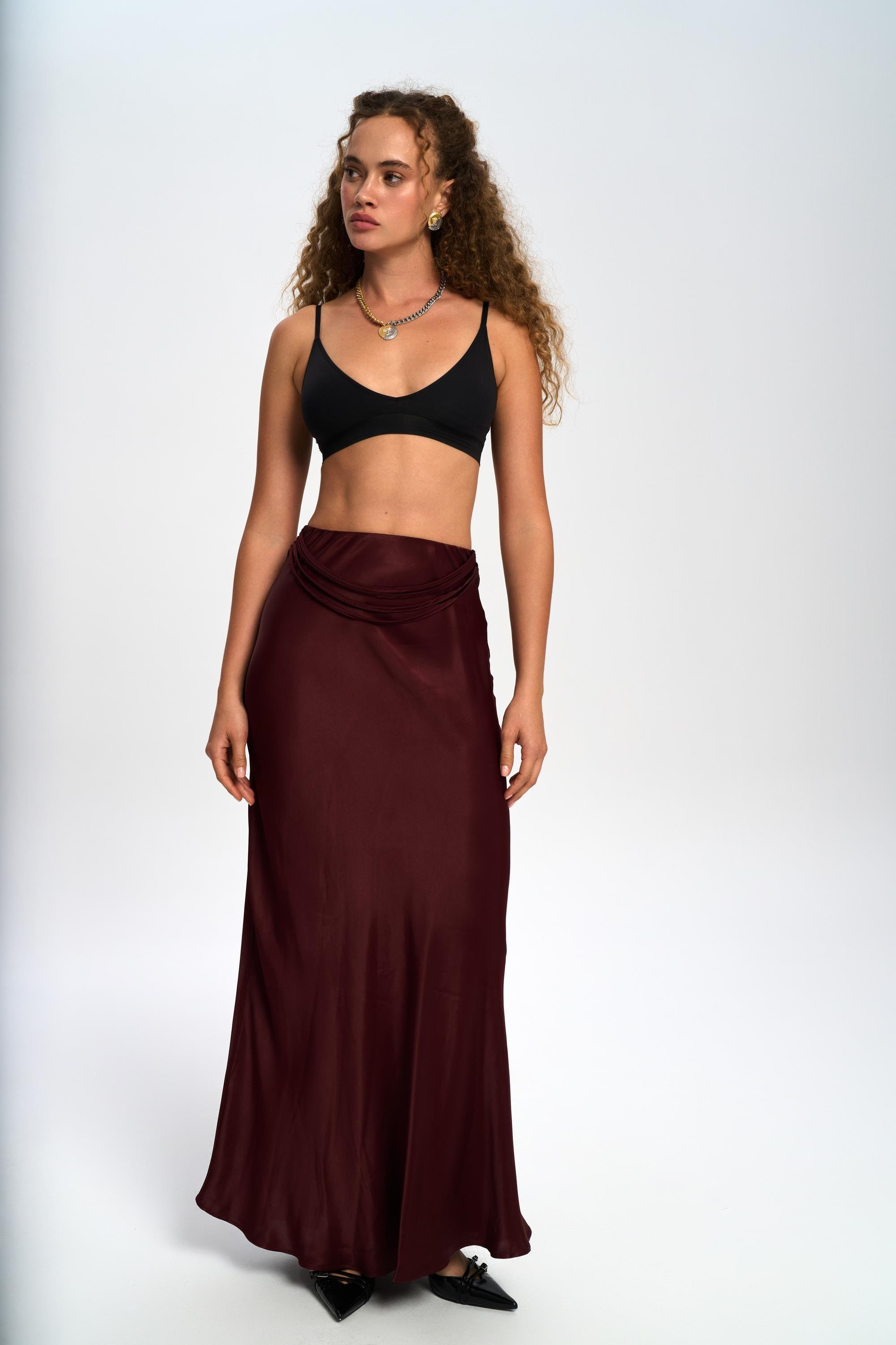 Muirnas Askı Detay Bordo Uzun Saten Etek
