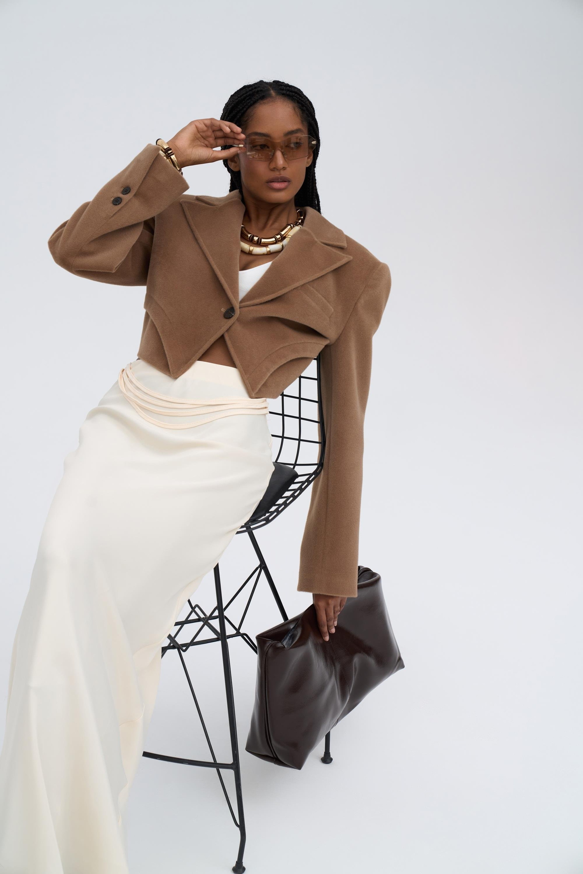 Muirnas Strap Detail Ecru Long Satin Skirt