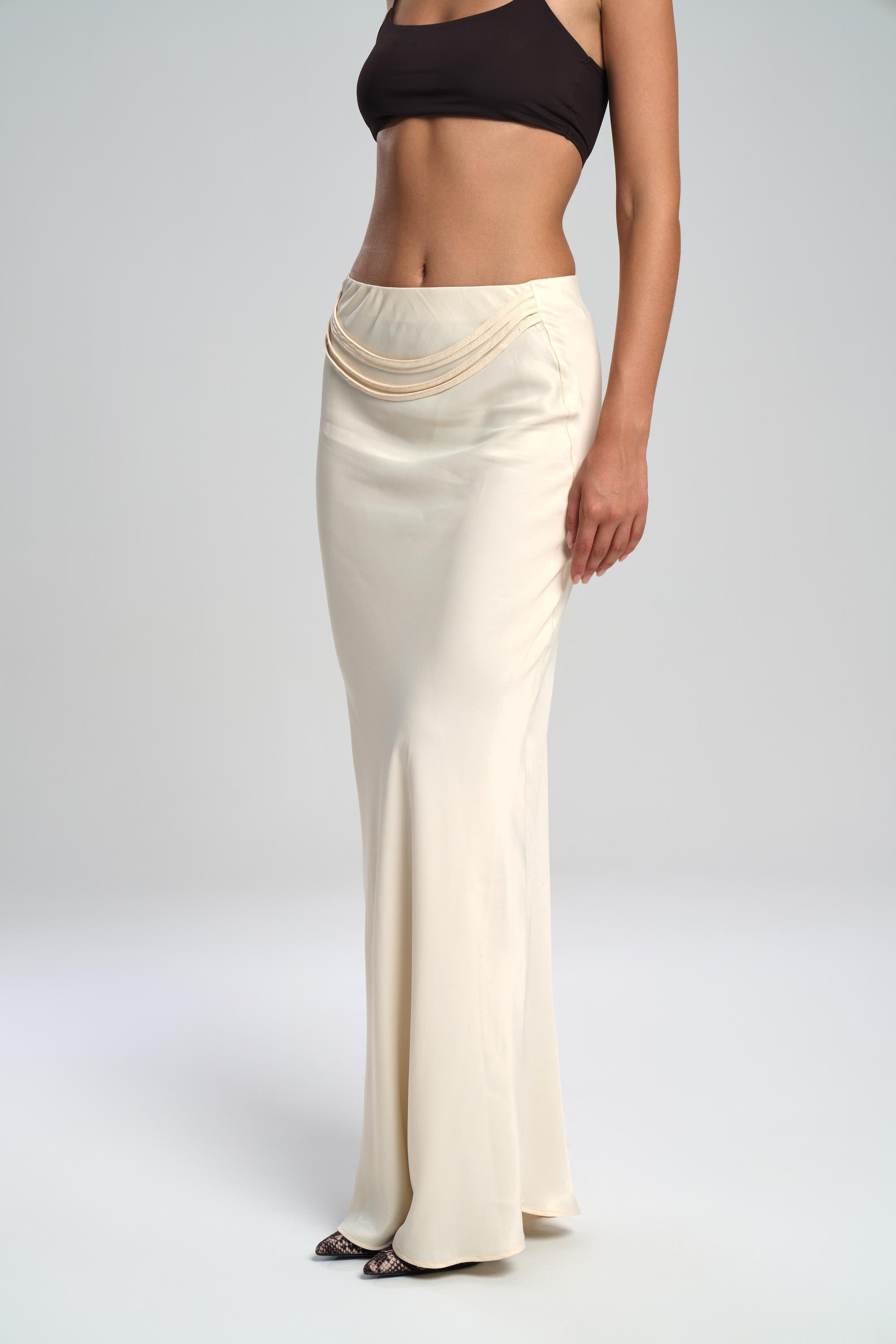 Muirnas Strap Detail Ecru Long Satin Skirt