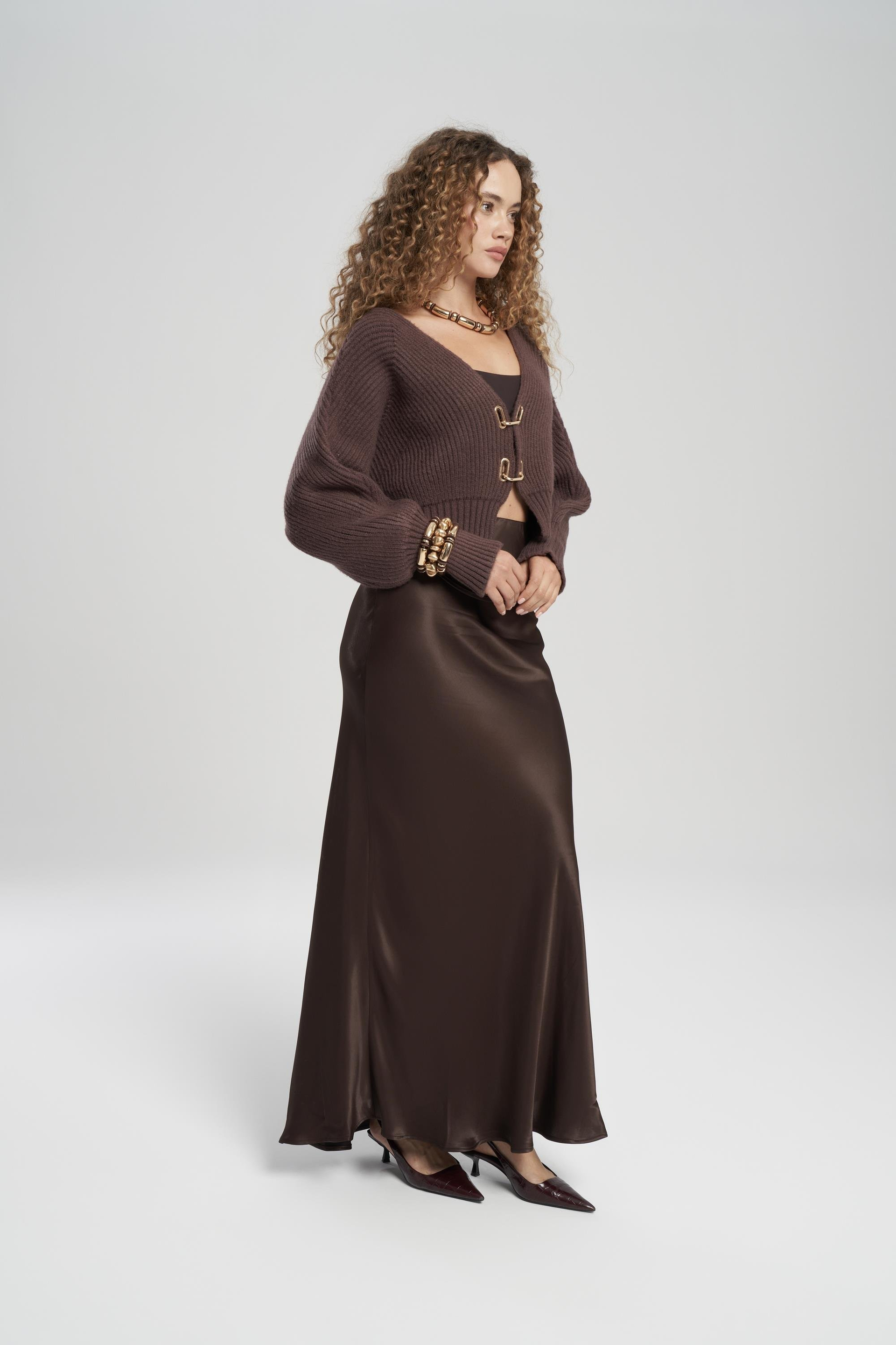 Muirnas Strap Detail Brown Long Satin Skirt