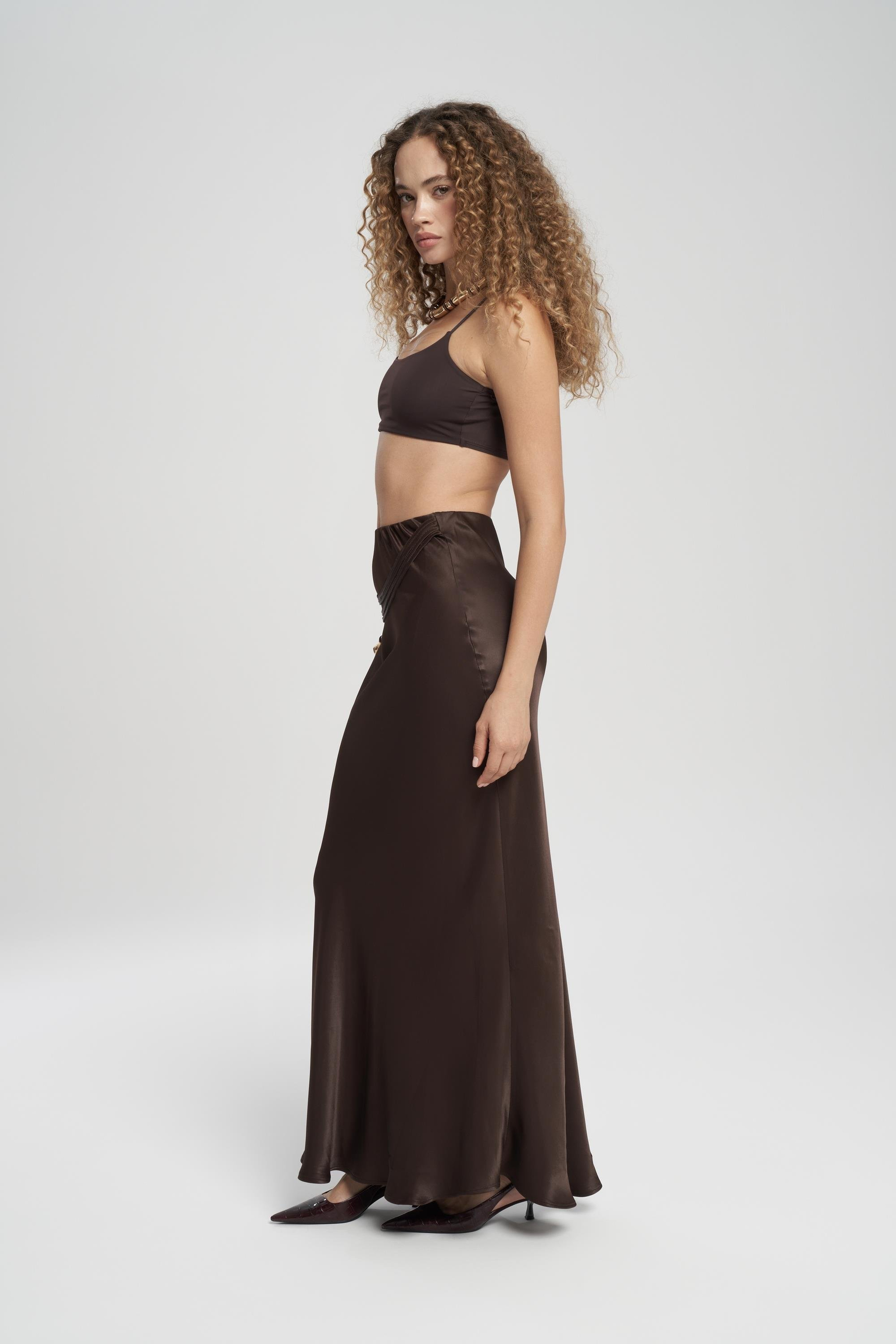 Muirnas Strap Detail Brown Long Satin Skirt
