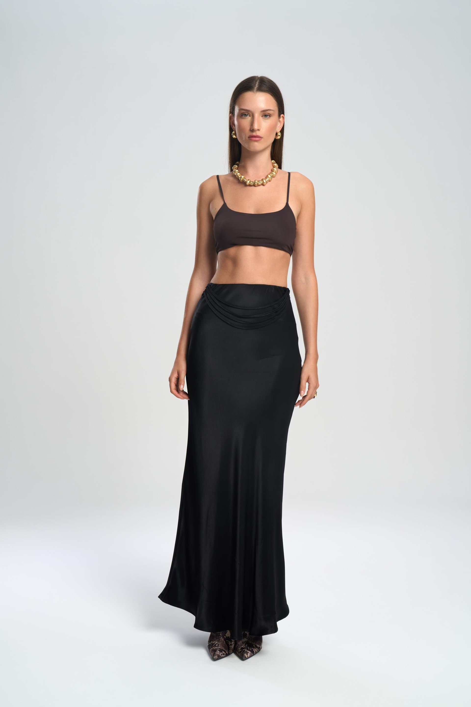 Muirnas Strap Detail Black Long Satin Skirt