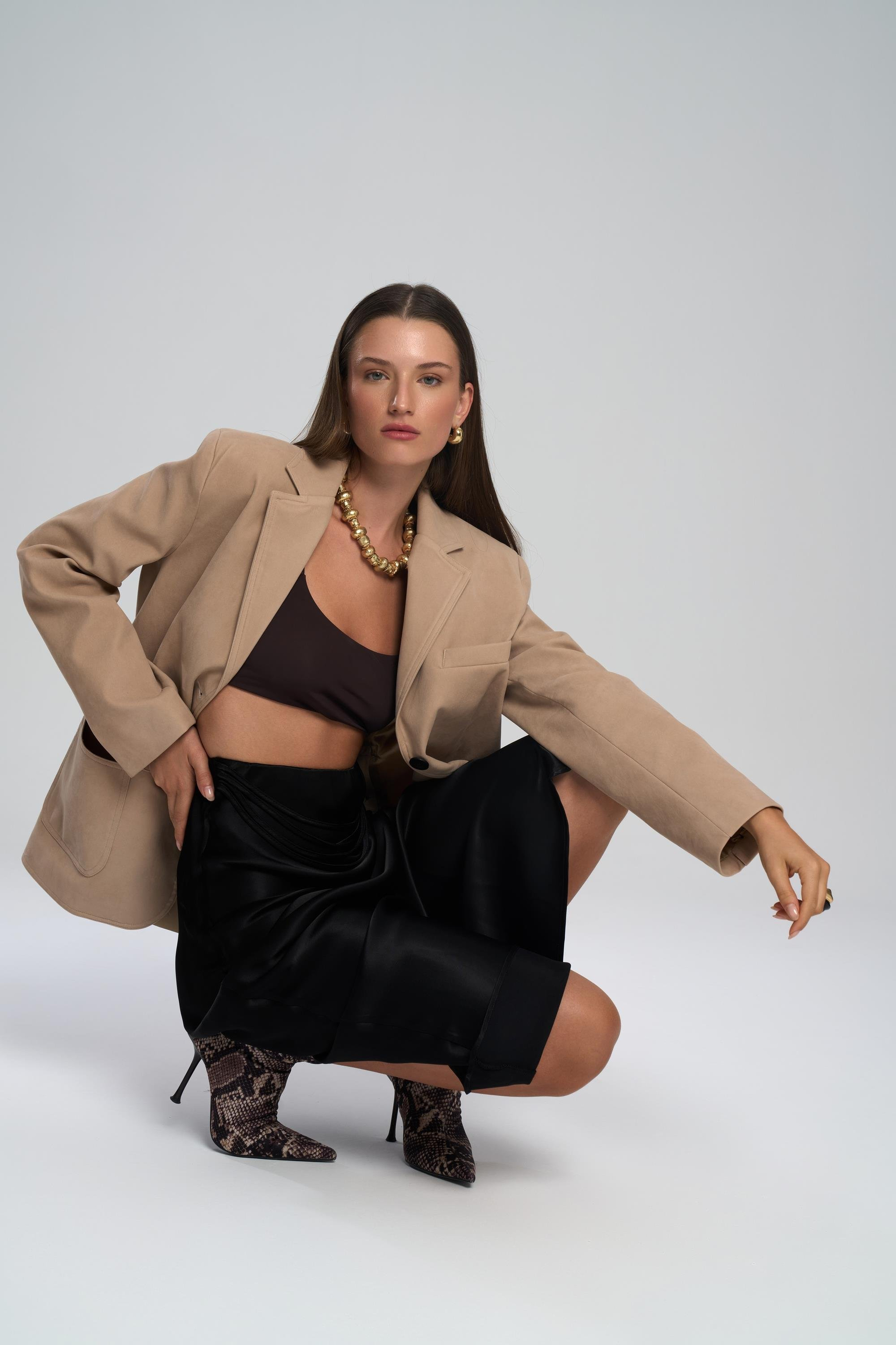 Muirnas Strap Detail Black Long Satin Skirt