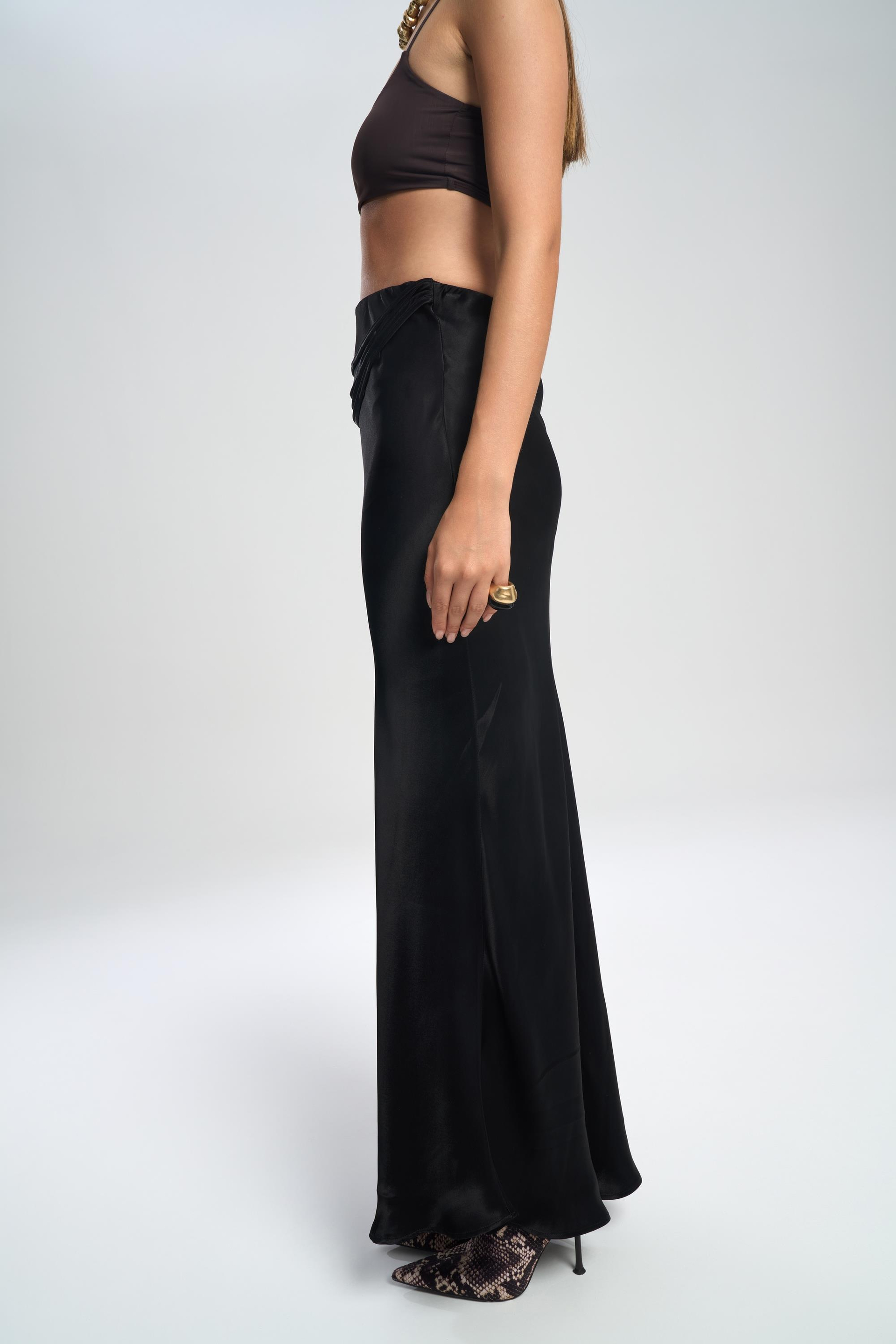 Muirnas Strap Detail Black Long Satin Skirt