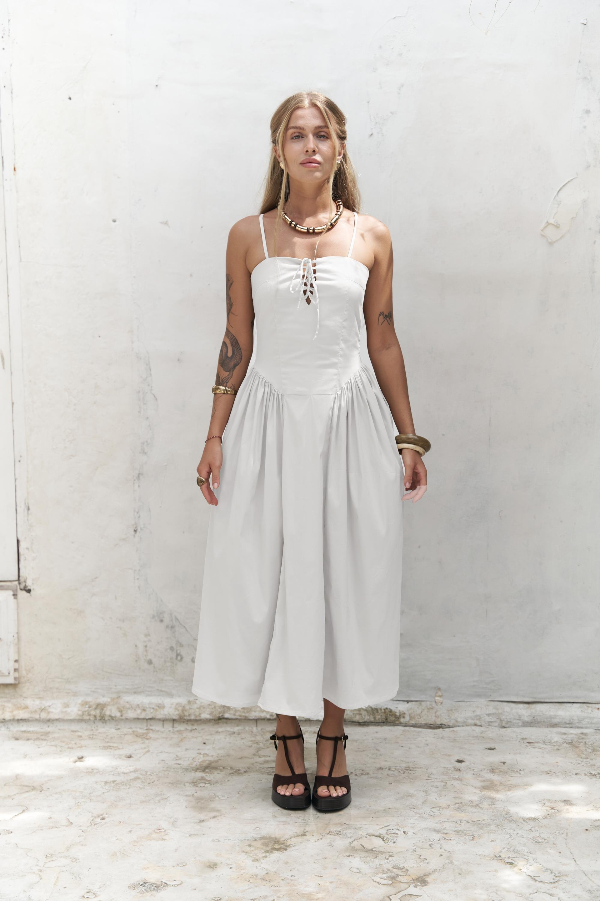 Narissa Askılı Midi Elbise - EKRU