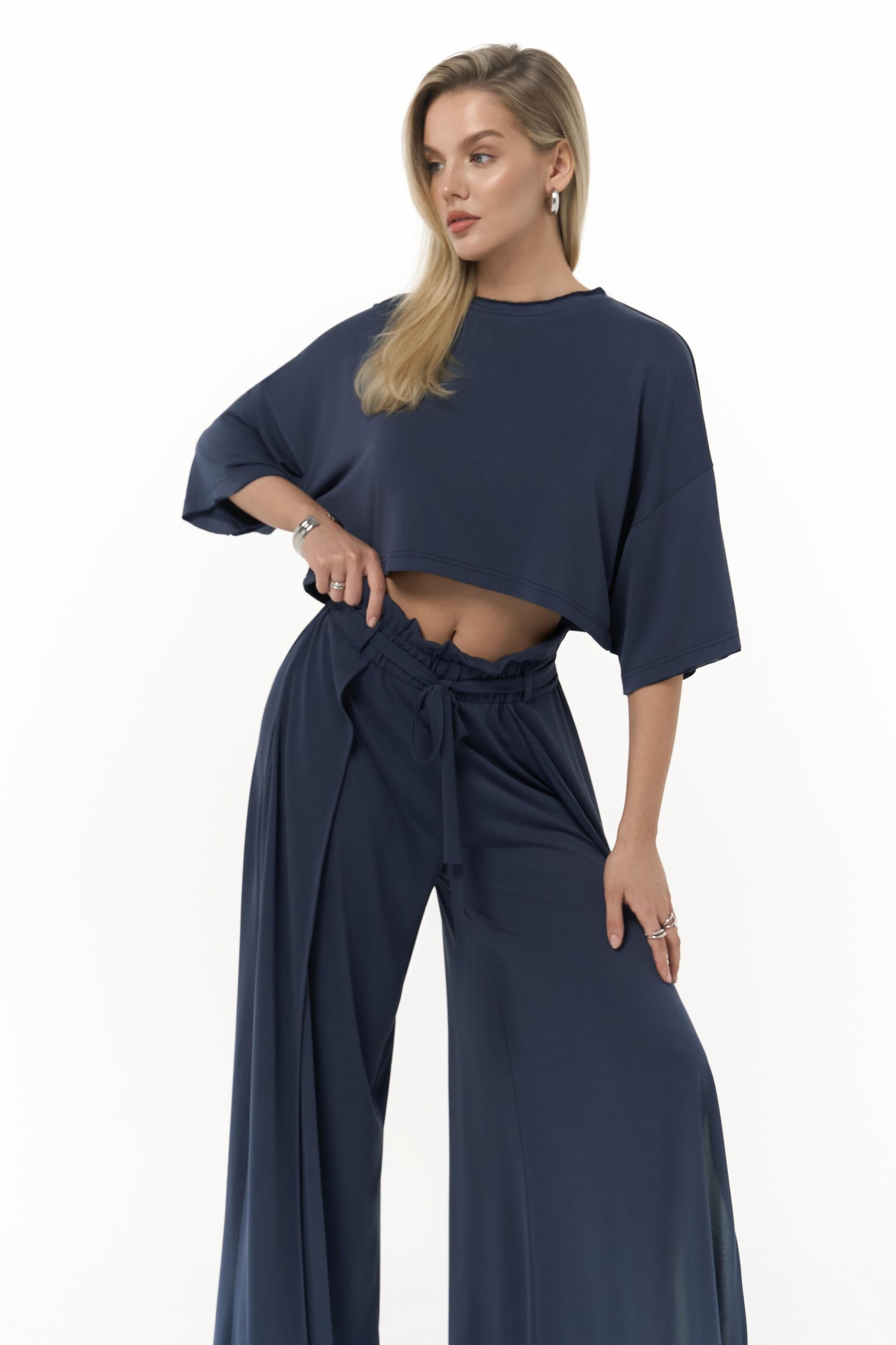 Nell Lacivert Crop T-Shirt Pantolon Takım