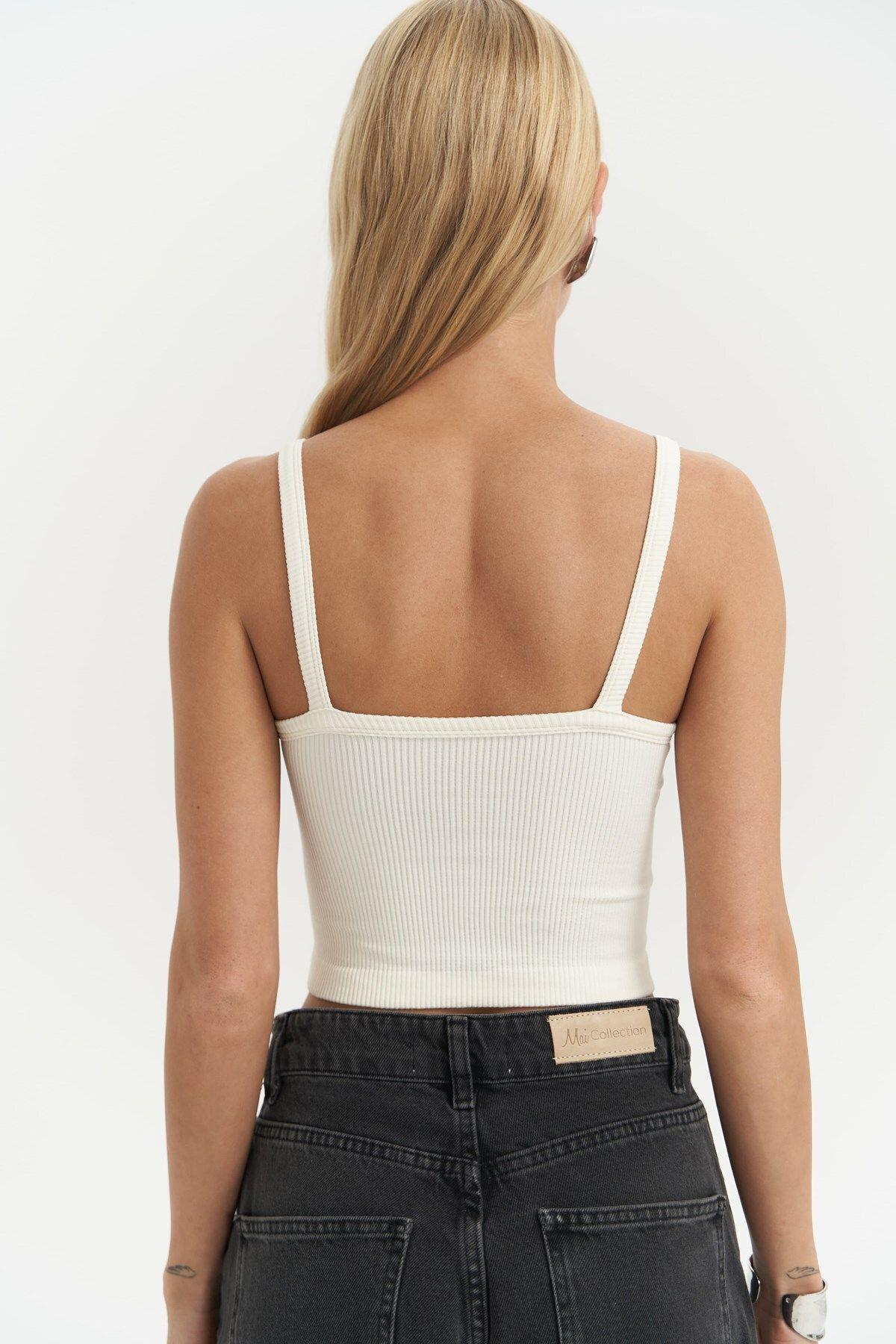 Noam Ecru Front Detail Ribbed Crop Top