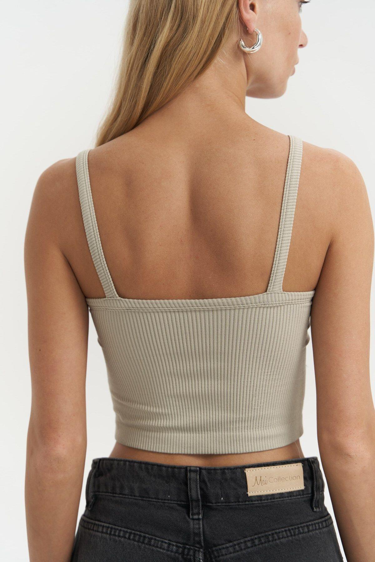Noam Soft Khaki Cutout Strap Ribbed Crop Top