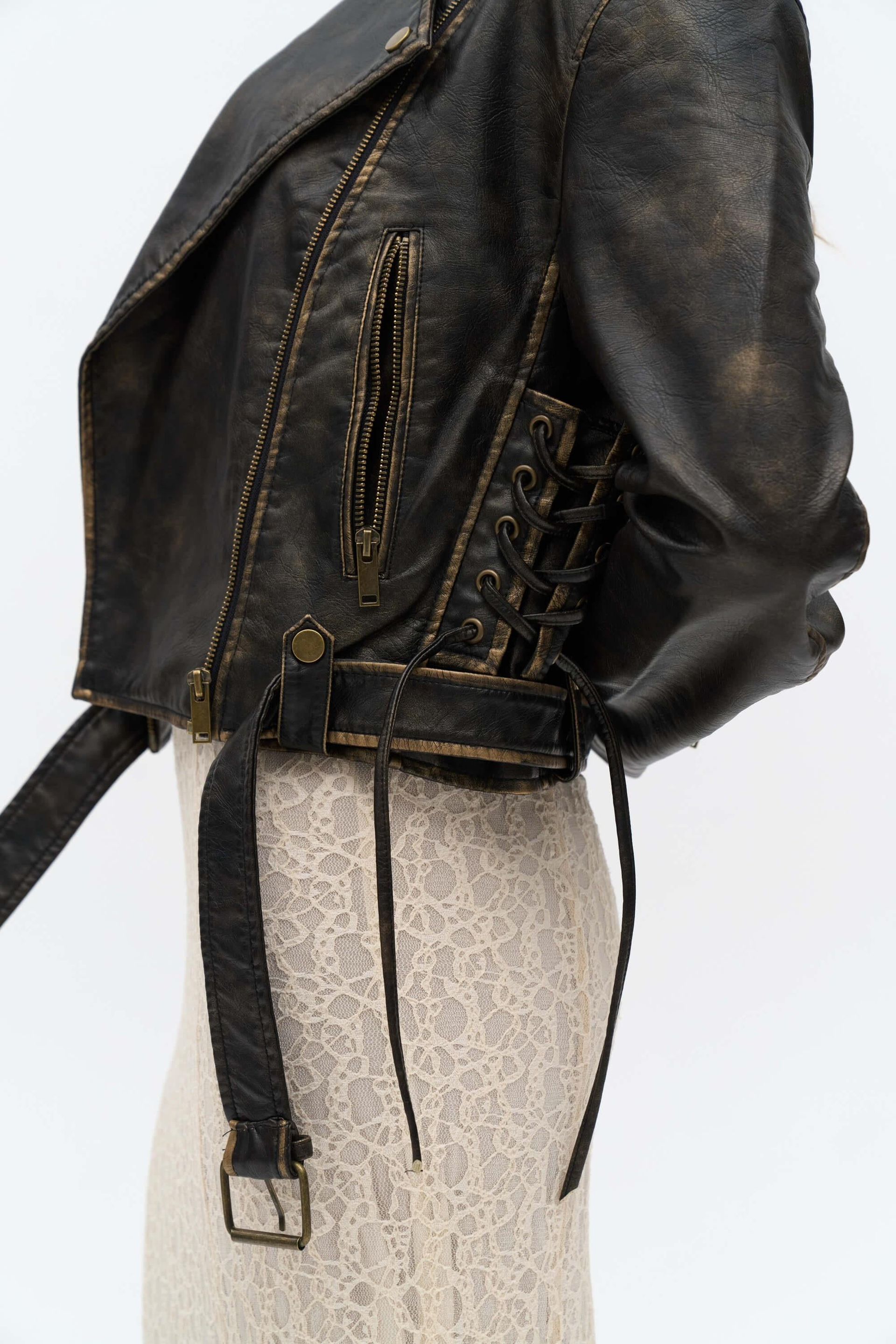 Noor Efektli Koyu Kahve Kısa Suni Deri Ceket