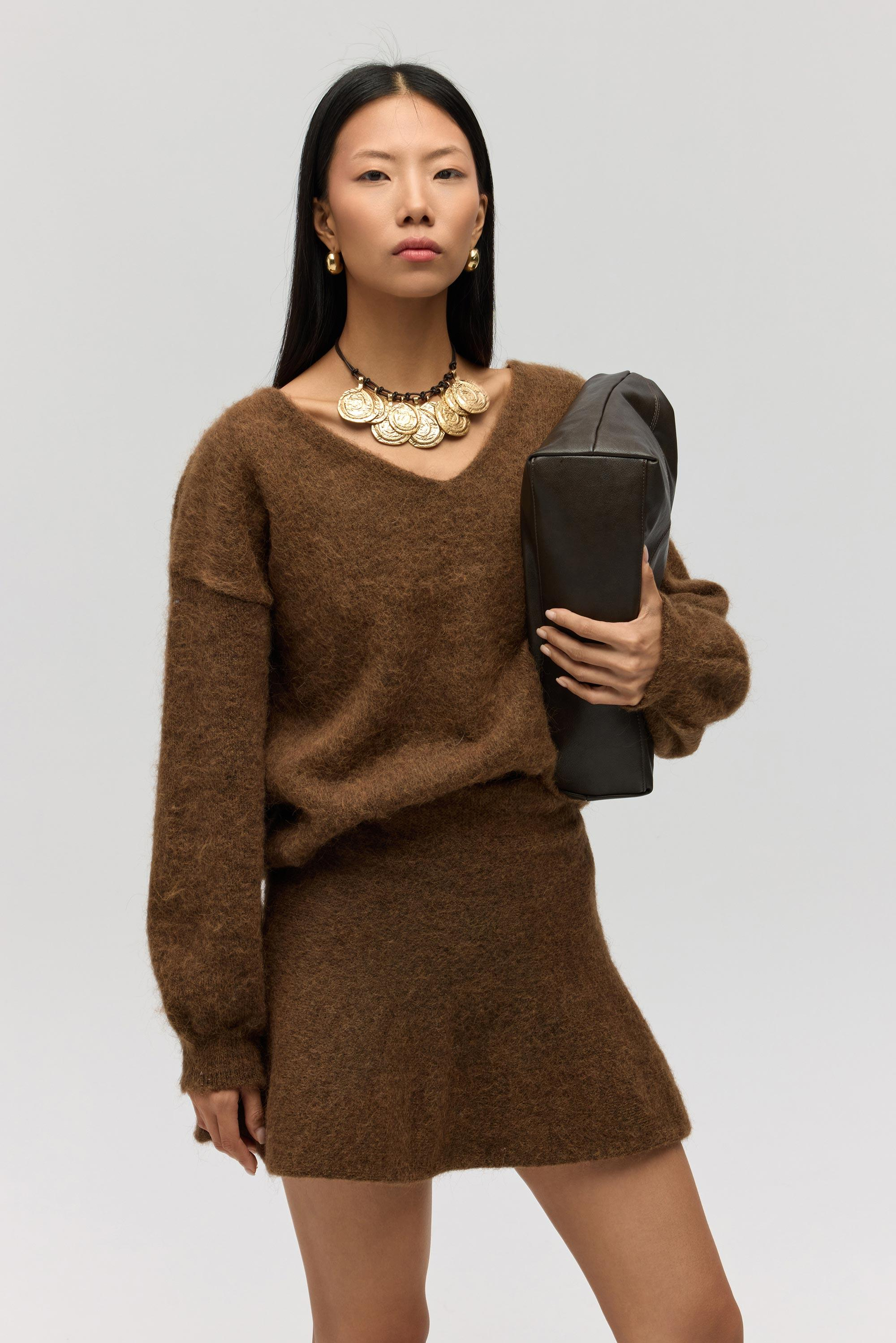 Nordis Volanlı Açık Kahve Triko Mini Etek