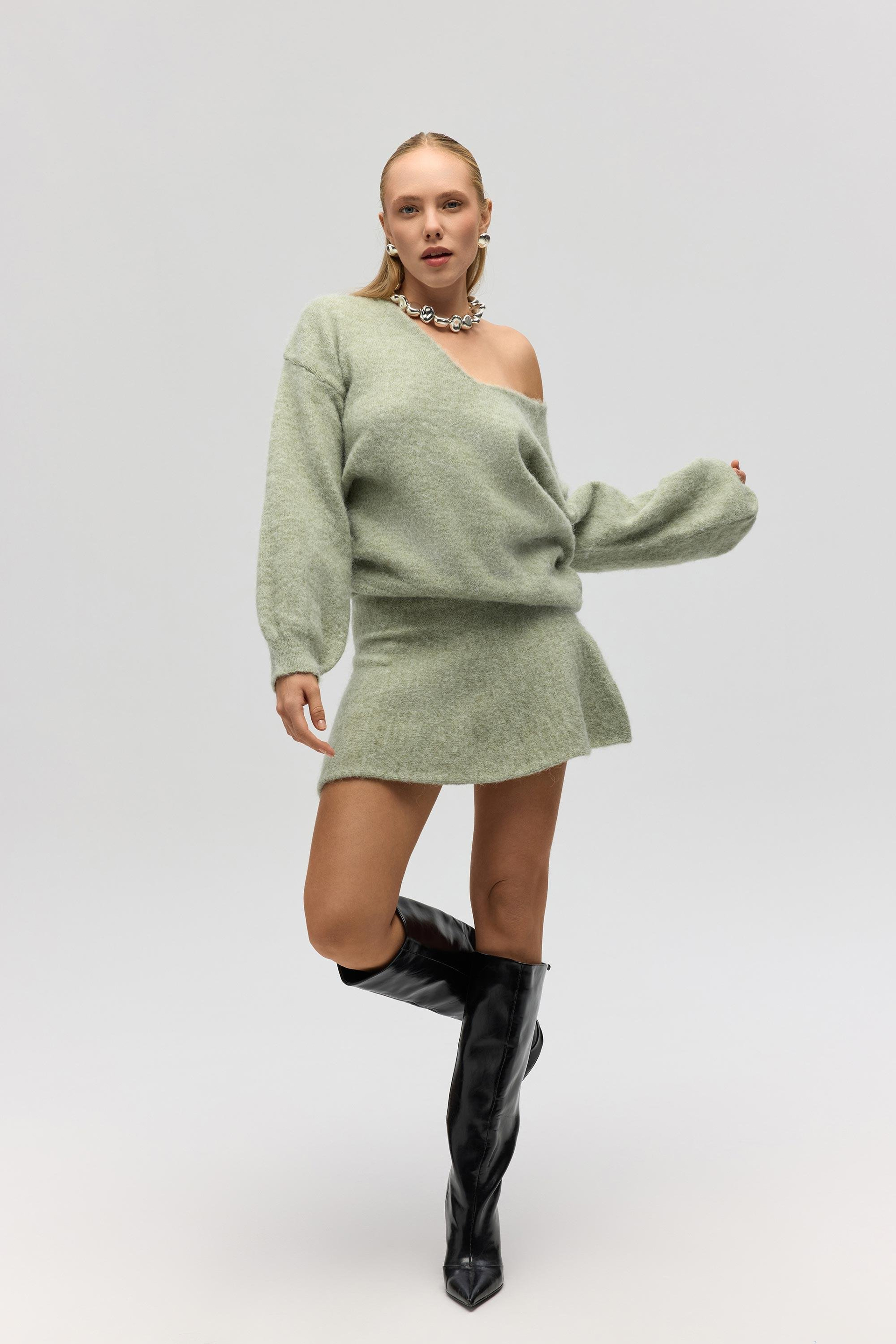 Nordis Volanlı Yeşil Triko Mini Etek