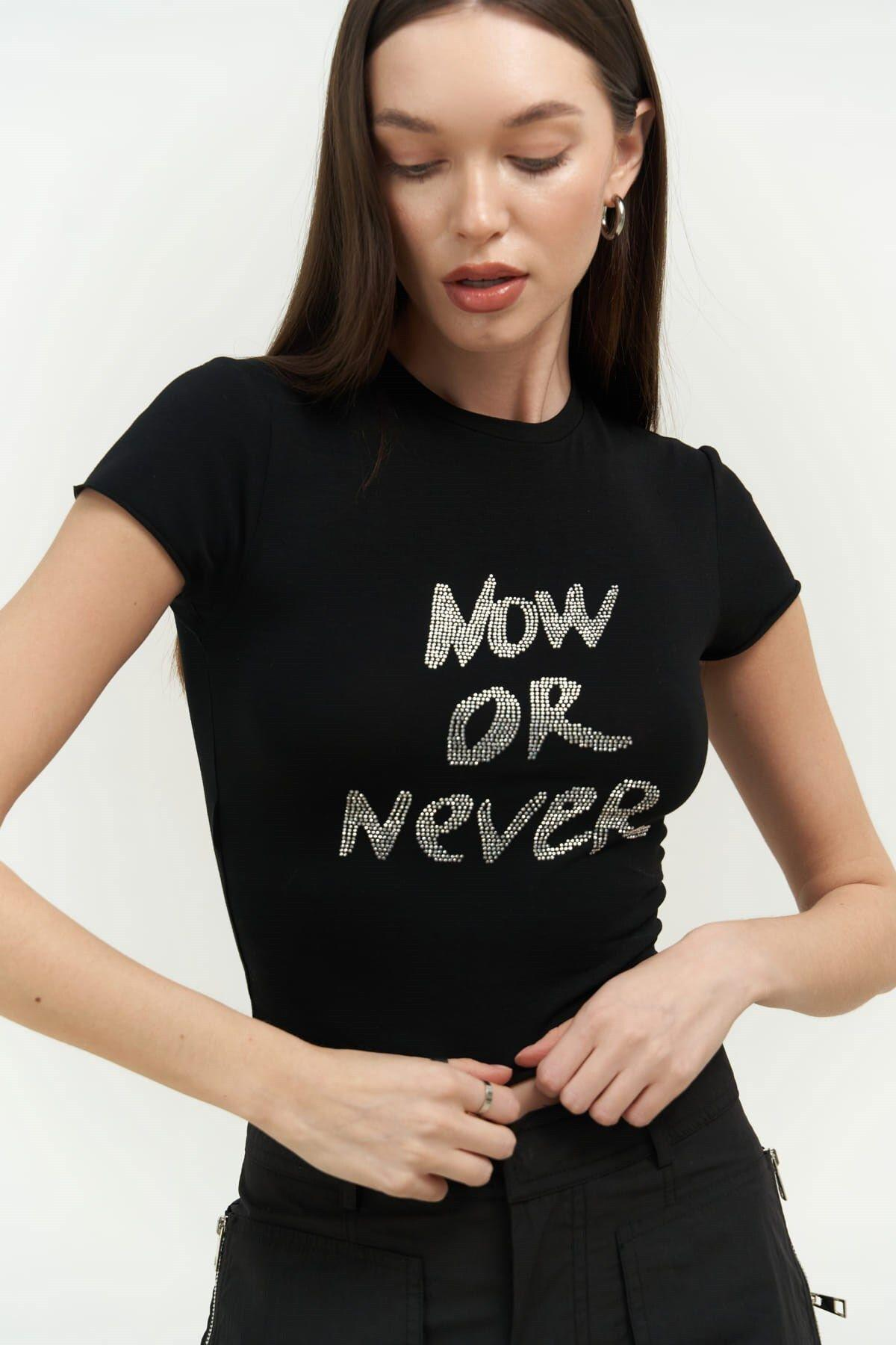 Now Or Never Siyah Penye Crop